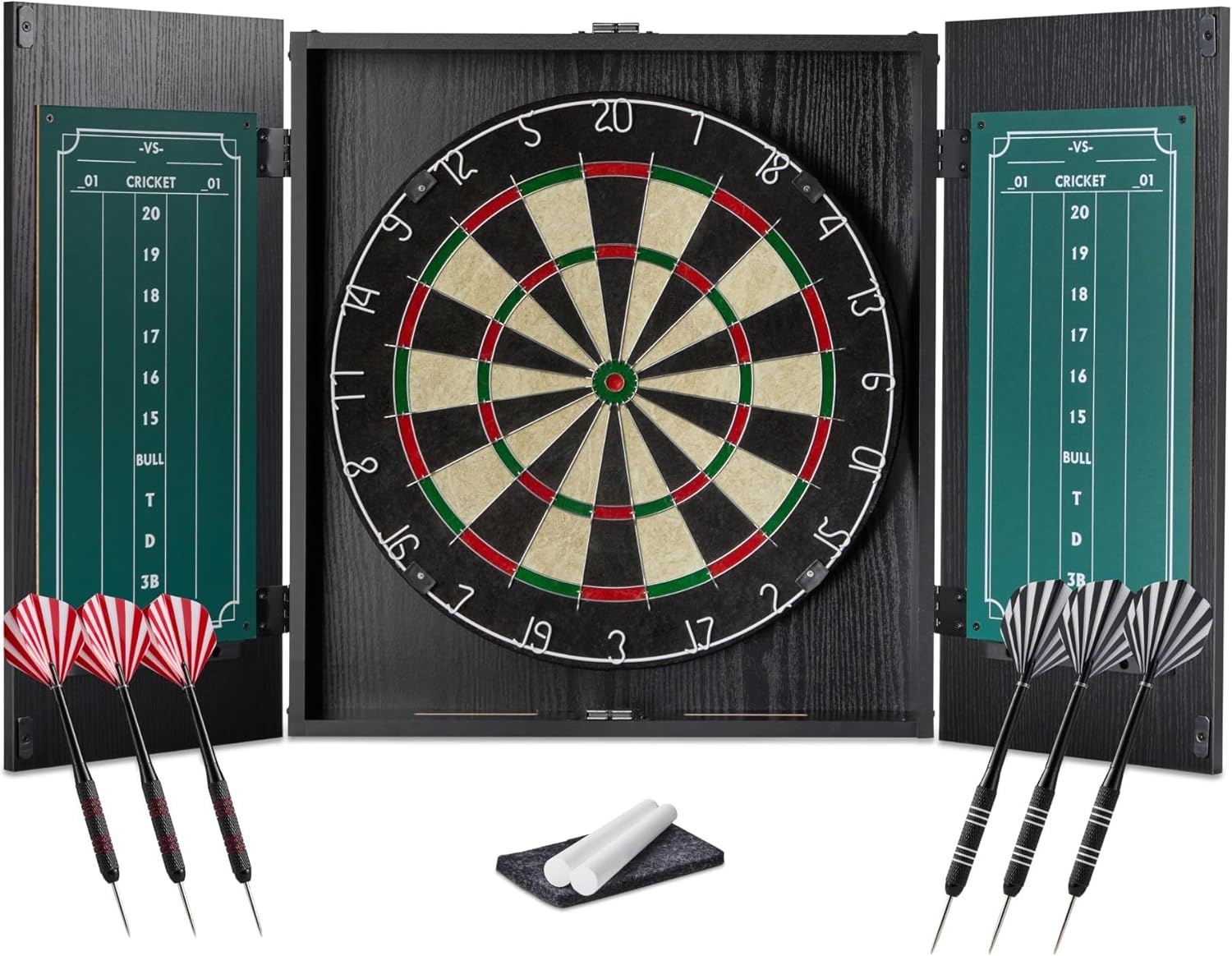 18in Dartboard Cabinet Set Sisal Board Steel Tip Darts Scoreboard