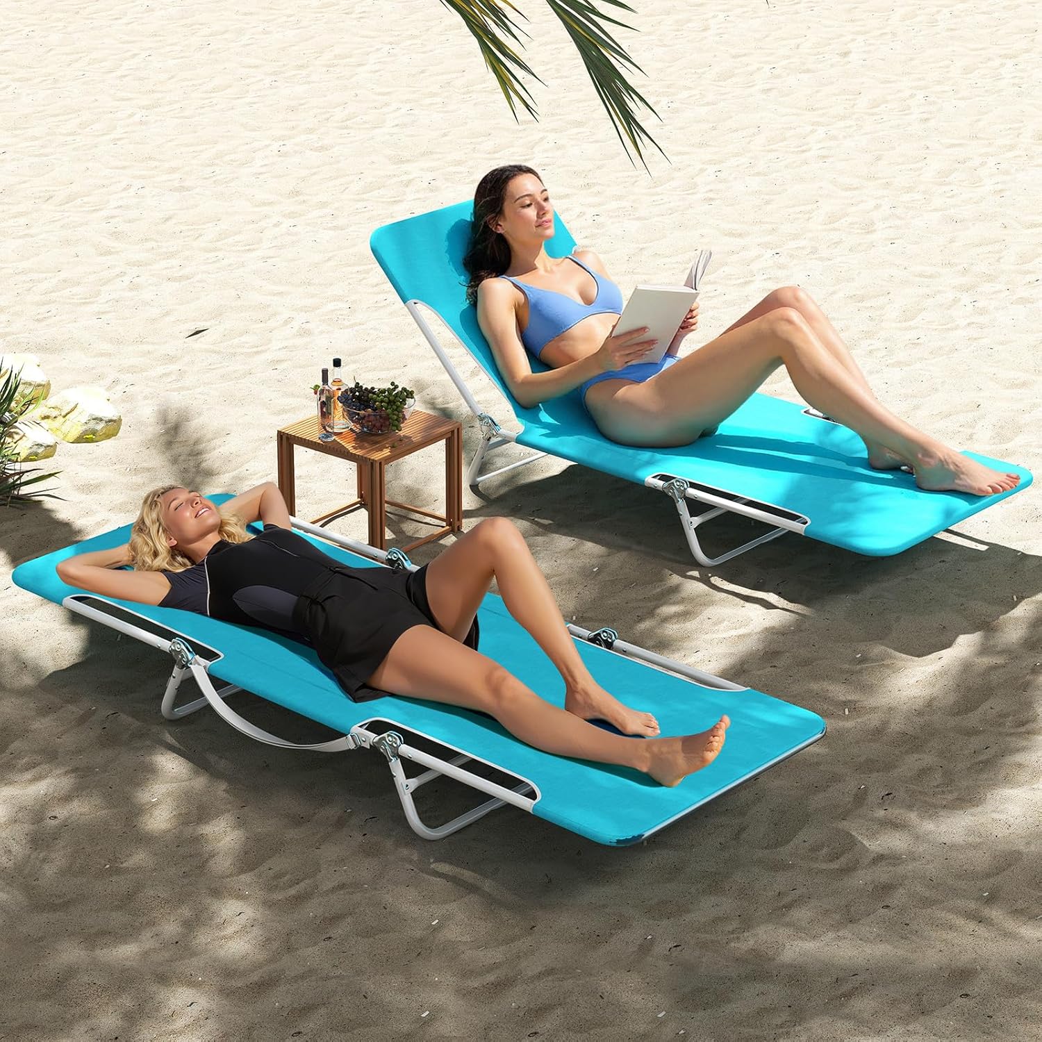 2 Folding Sun Loungers 5 Position Reclining Beach Chairs Blue