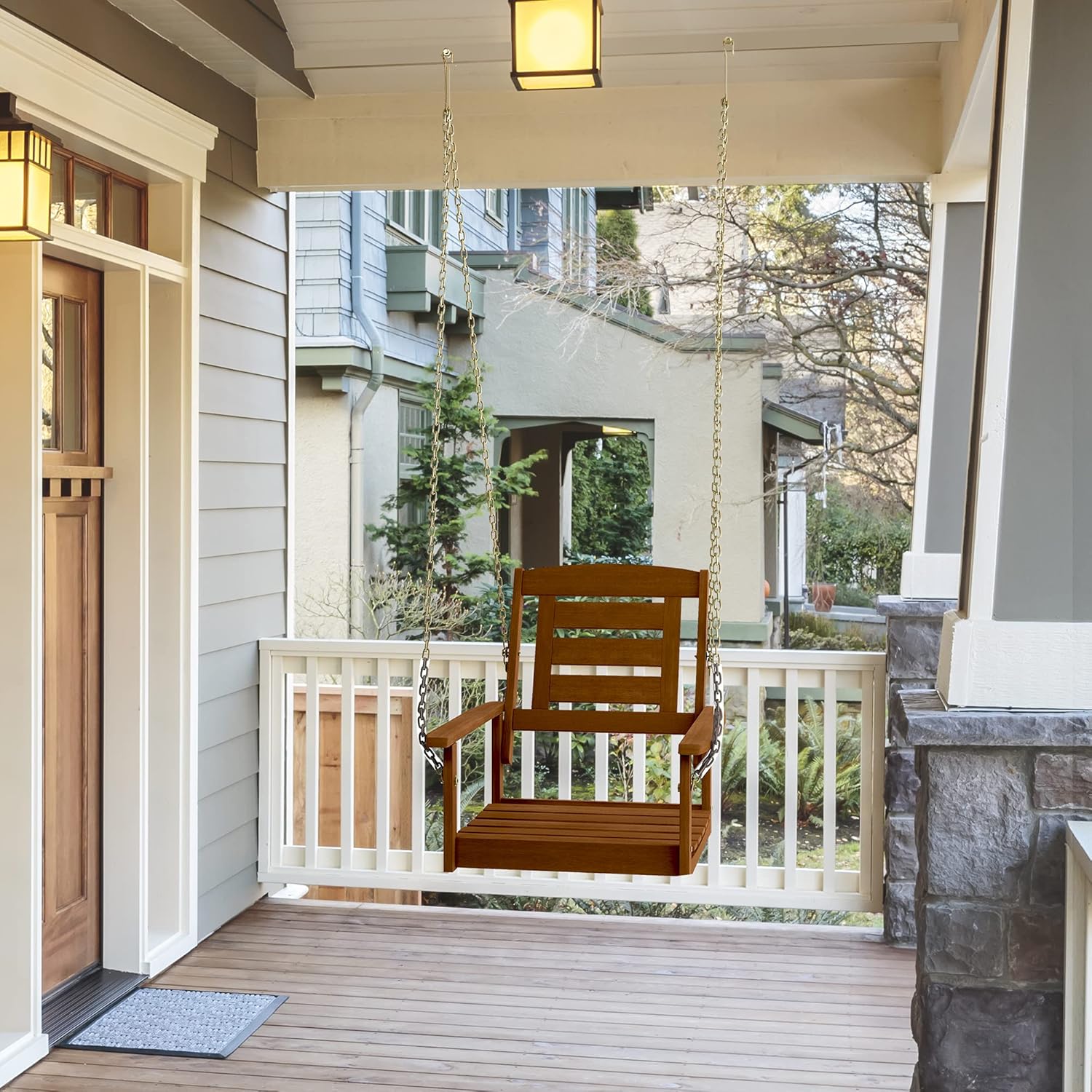 Single Wooden Porch Swing Chair with Chains Natural