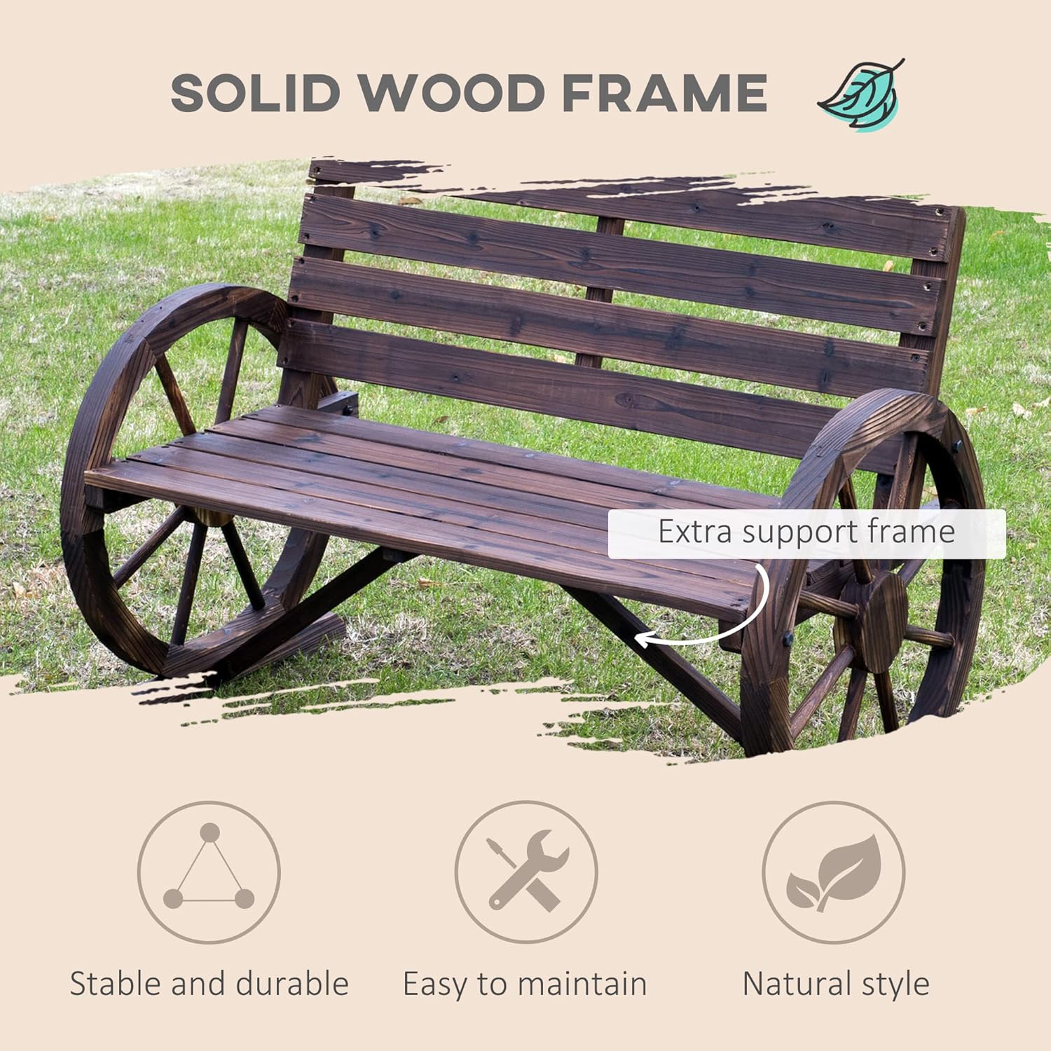 Rustic Wooden Garden Bench 2 Seater Wagon Wheel Armrest Patio Seat