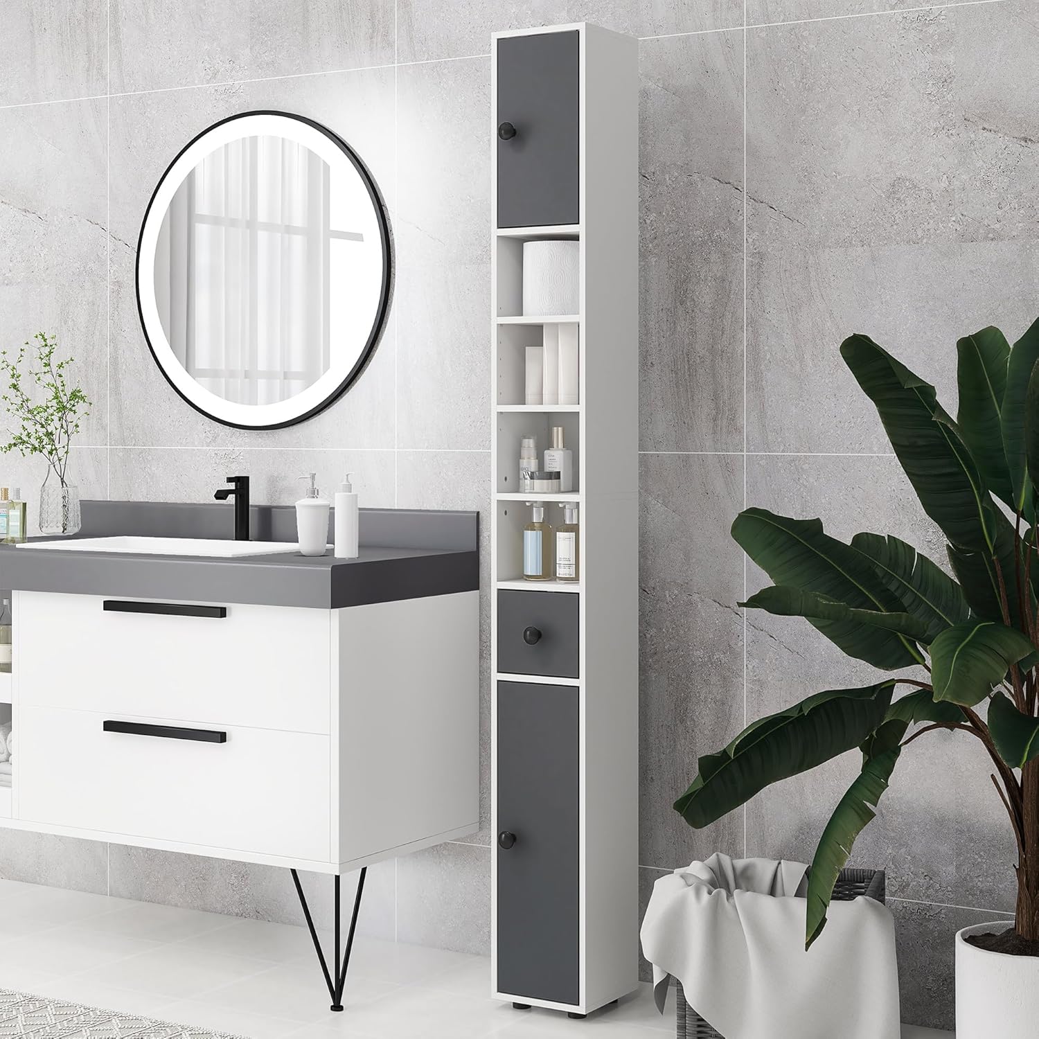 180cm Slim Bathroom Storage Cabinet 4 Shelves 2 Doors White Grey
