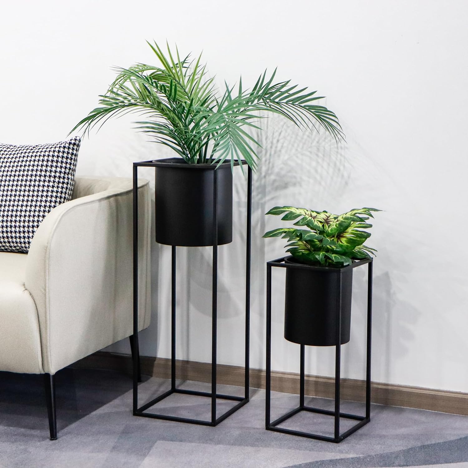 Metal Planters with Stand Set of 2 Black Tall Pots 70cm 45cm