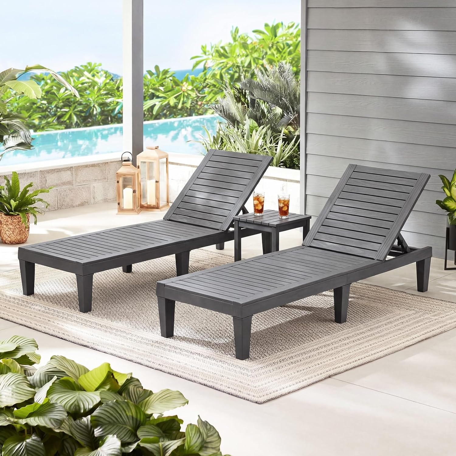 Sun Lounger 5 Position Recliner Chair Grey Wood Effect