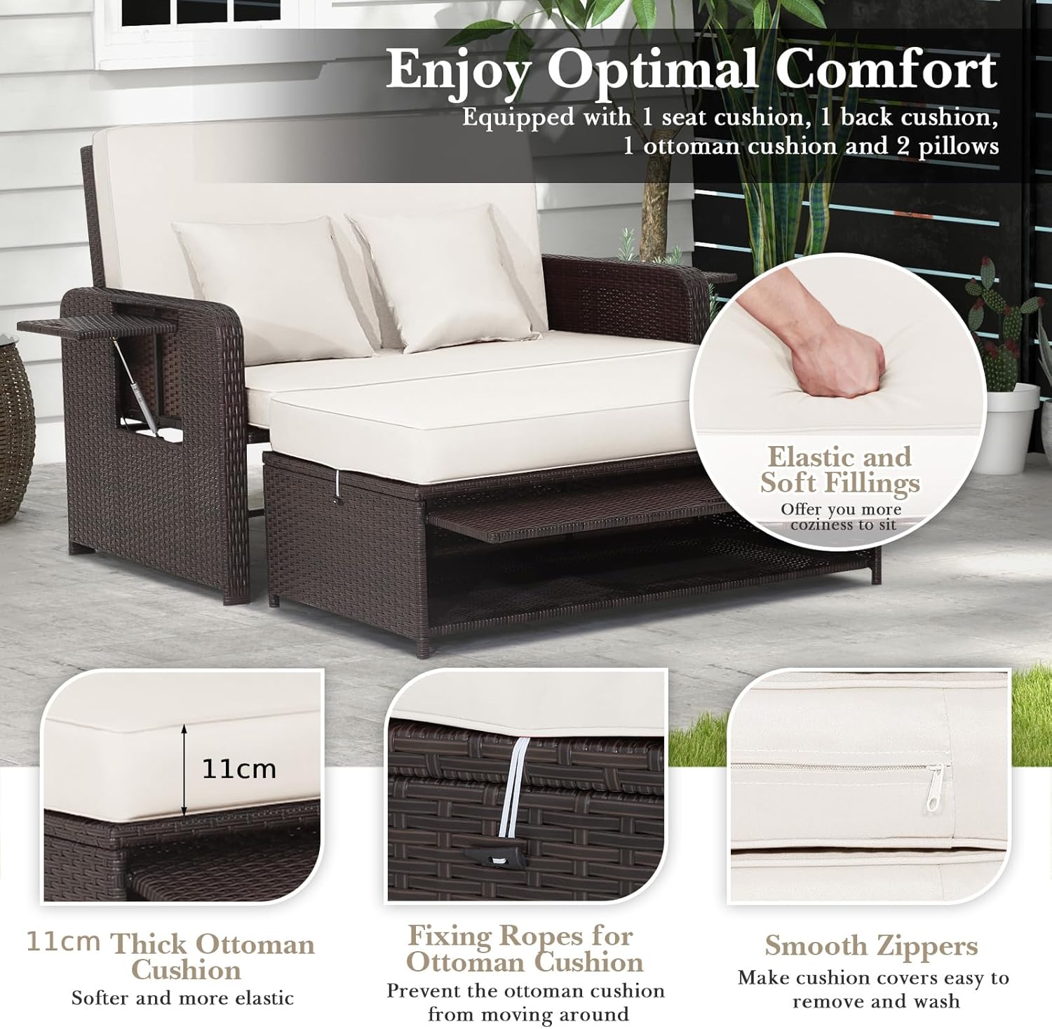 Outdoor Rattan Daybed Double Sun Lounger Storage Ottoman White Brown