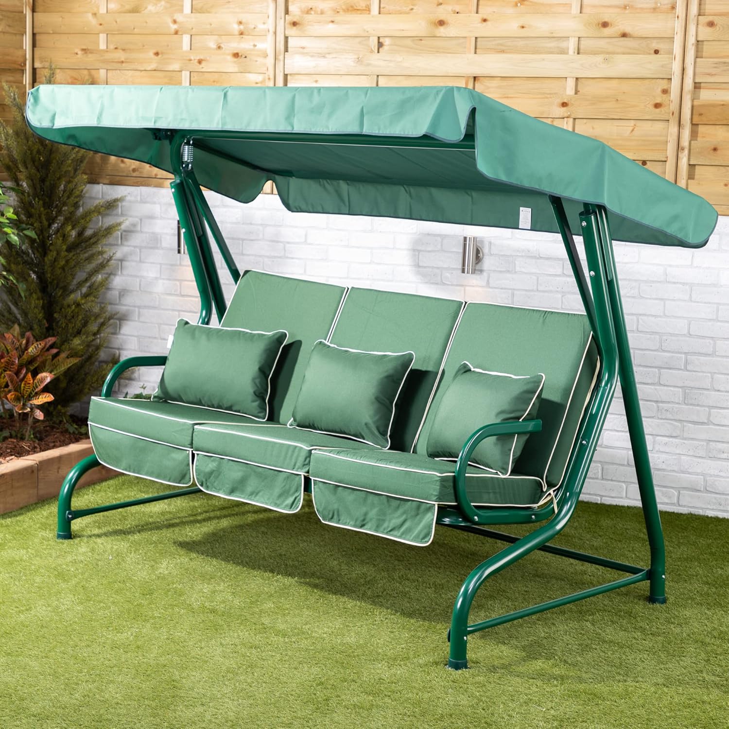 3 Seater Garden Swing Seat Green Canopy Luxury Cushions