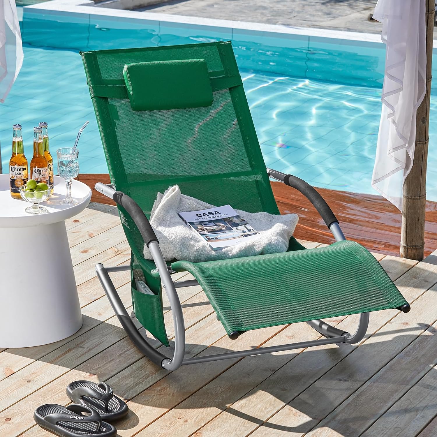 Garden Rocking Sun Lounger Recliner with Pillow Green