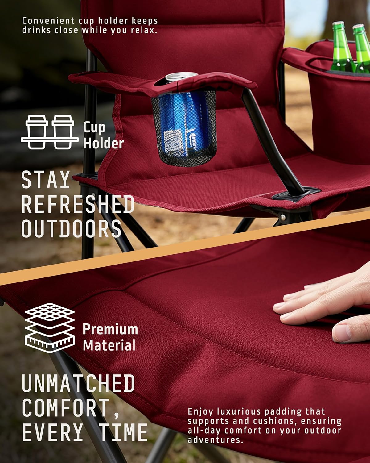 Folding Camping Chairs 2 Pack Cooler Bag Red Set