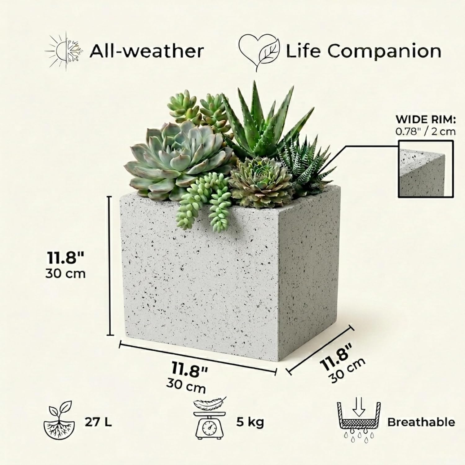30cm Square Garden Planter Stone Effect Grey Plant Pot Drainage