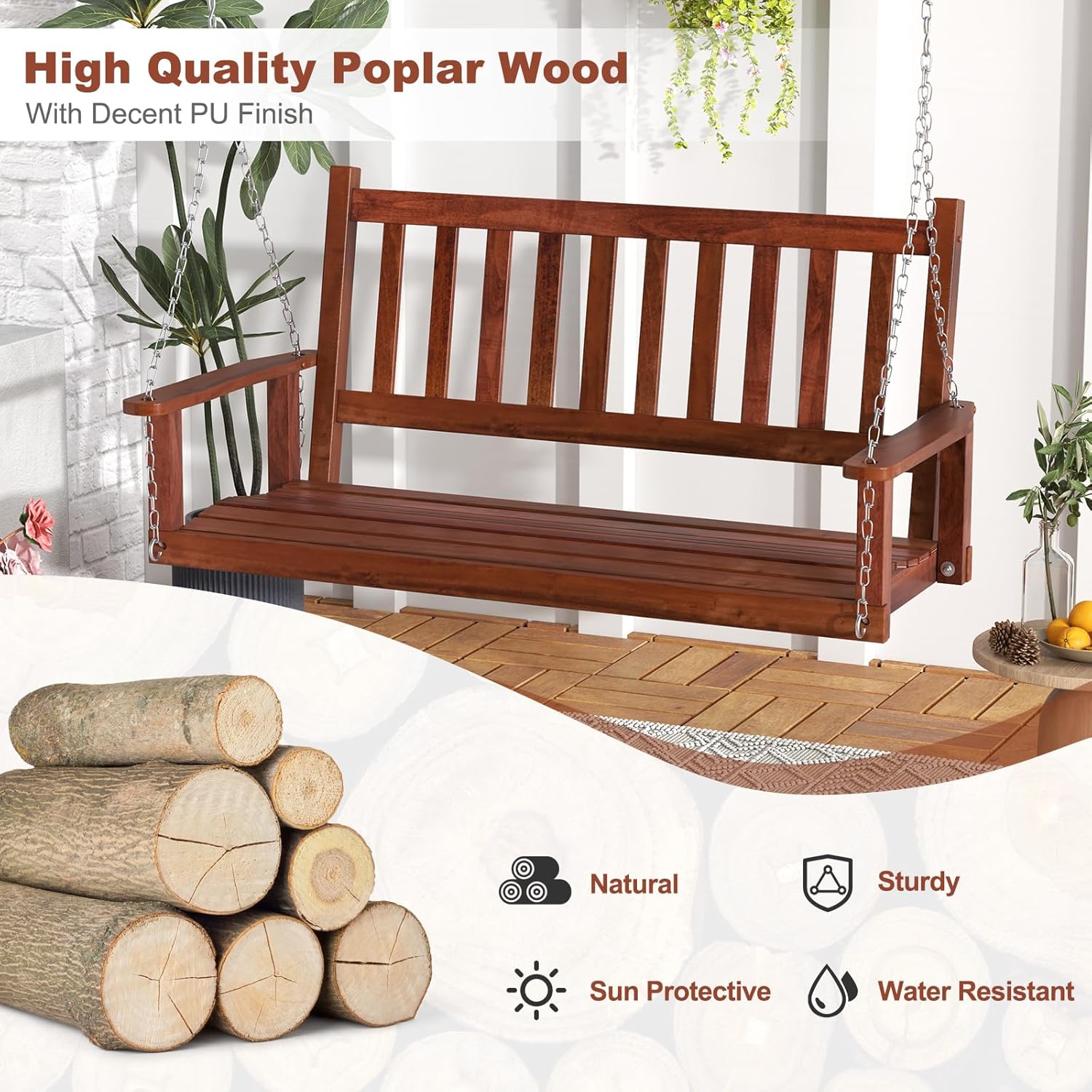 2 Seater Wooden Garden Swing Bench Hanging Patio Seat Brown