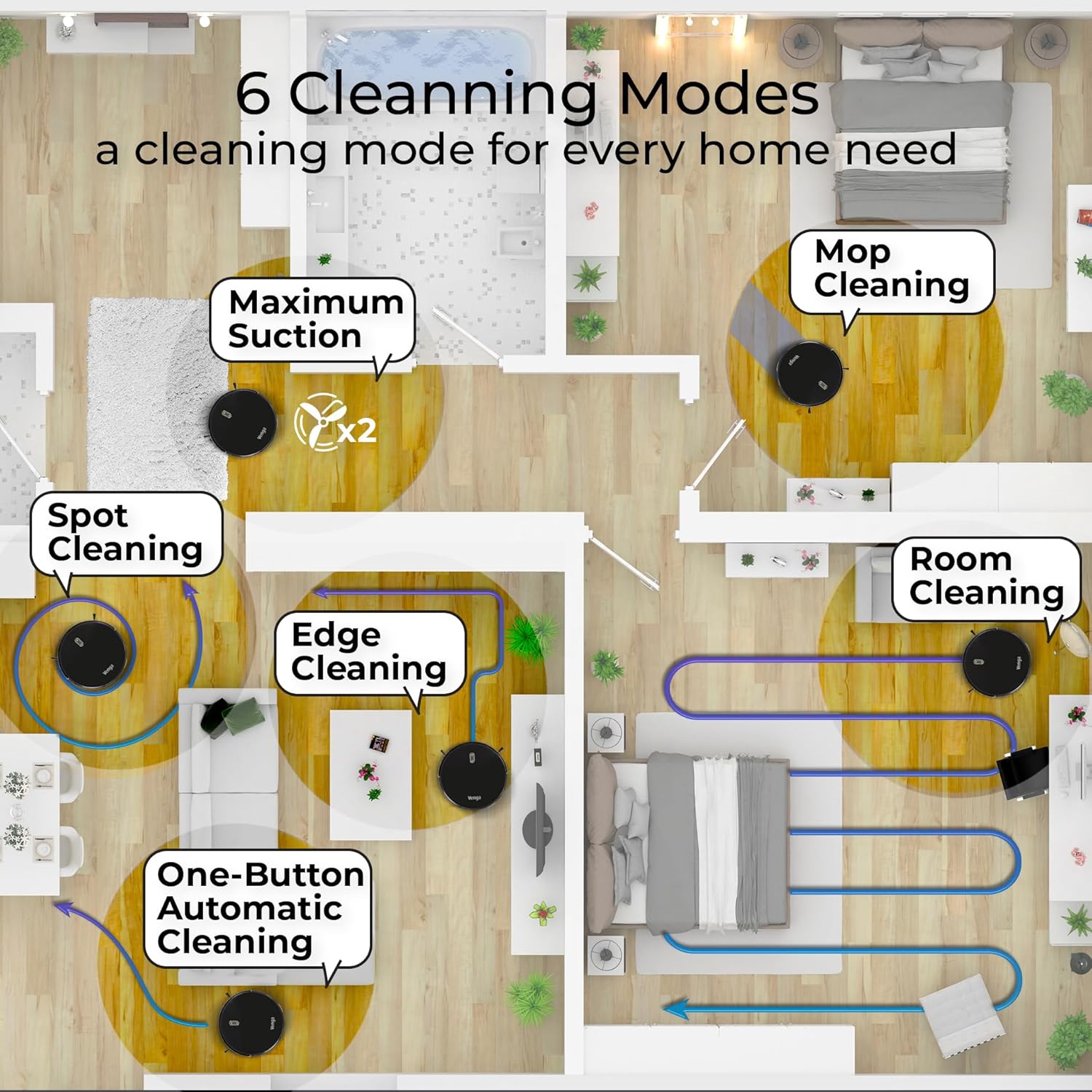 Robot Vacuum Mop 1600Pa 3 in 1 Auto Clean Quiet 120min Runtime