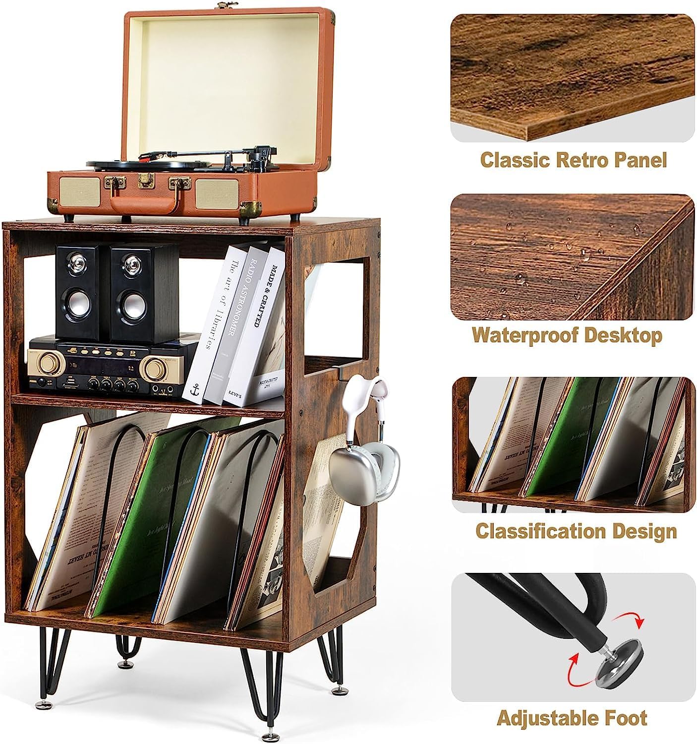 Rustic Record Player Stand with Vinyl Storage Cabinet Holds 160 Albums