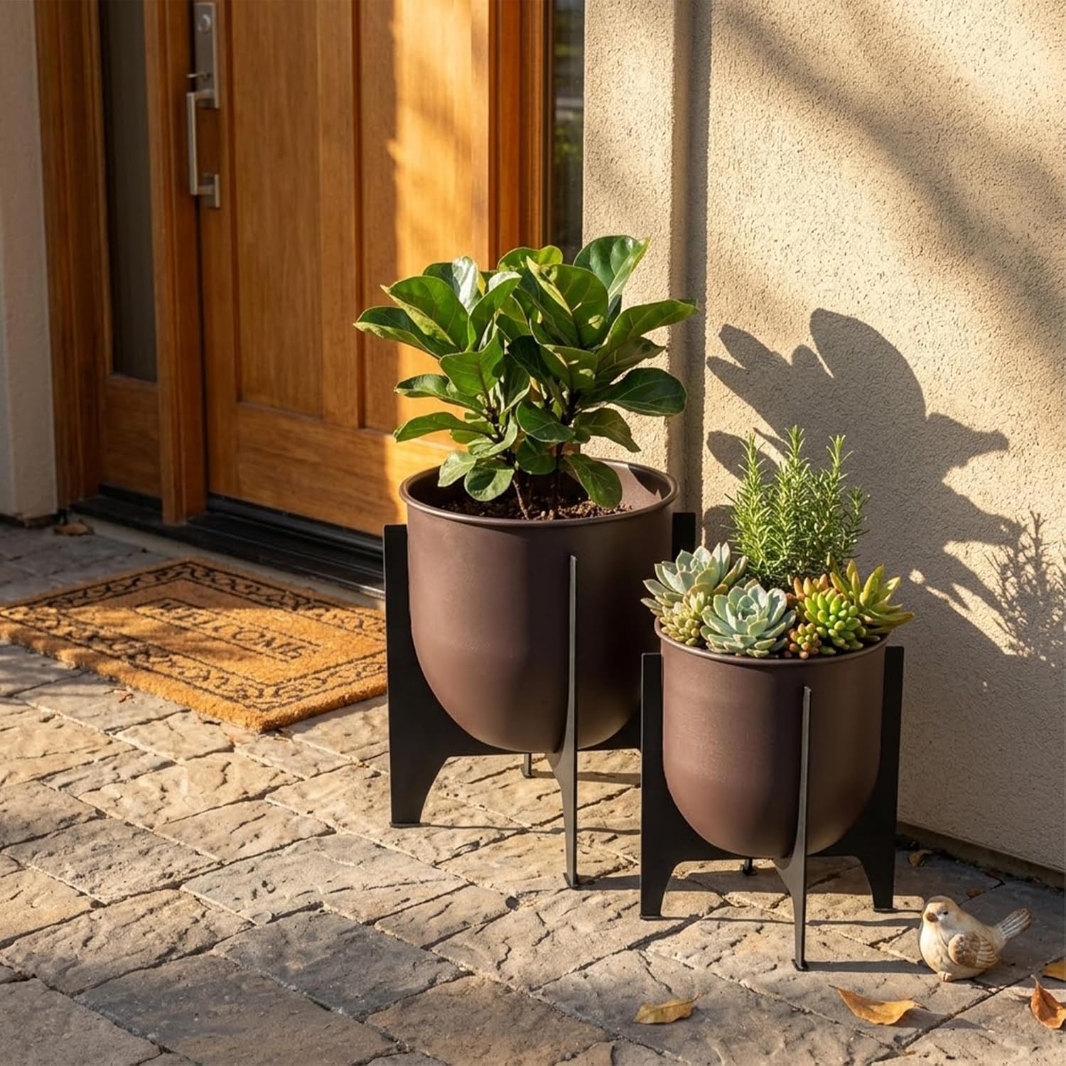 Metal Planters with Stand Set of 2 Brown Indoor Outdoor Pots
