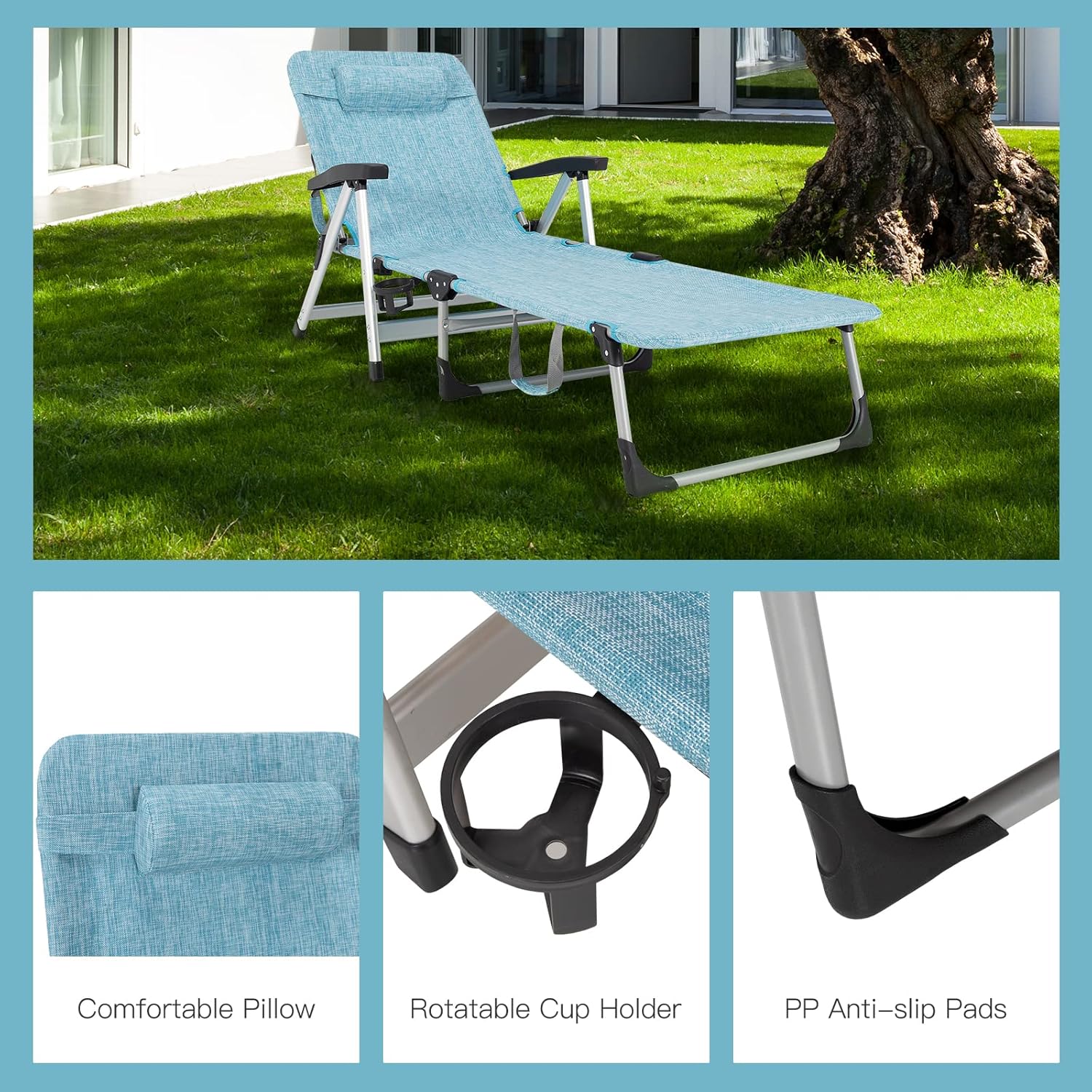 Folding Sun Lounger 7 Position Reclining Chair Cup Holder Blue