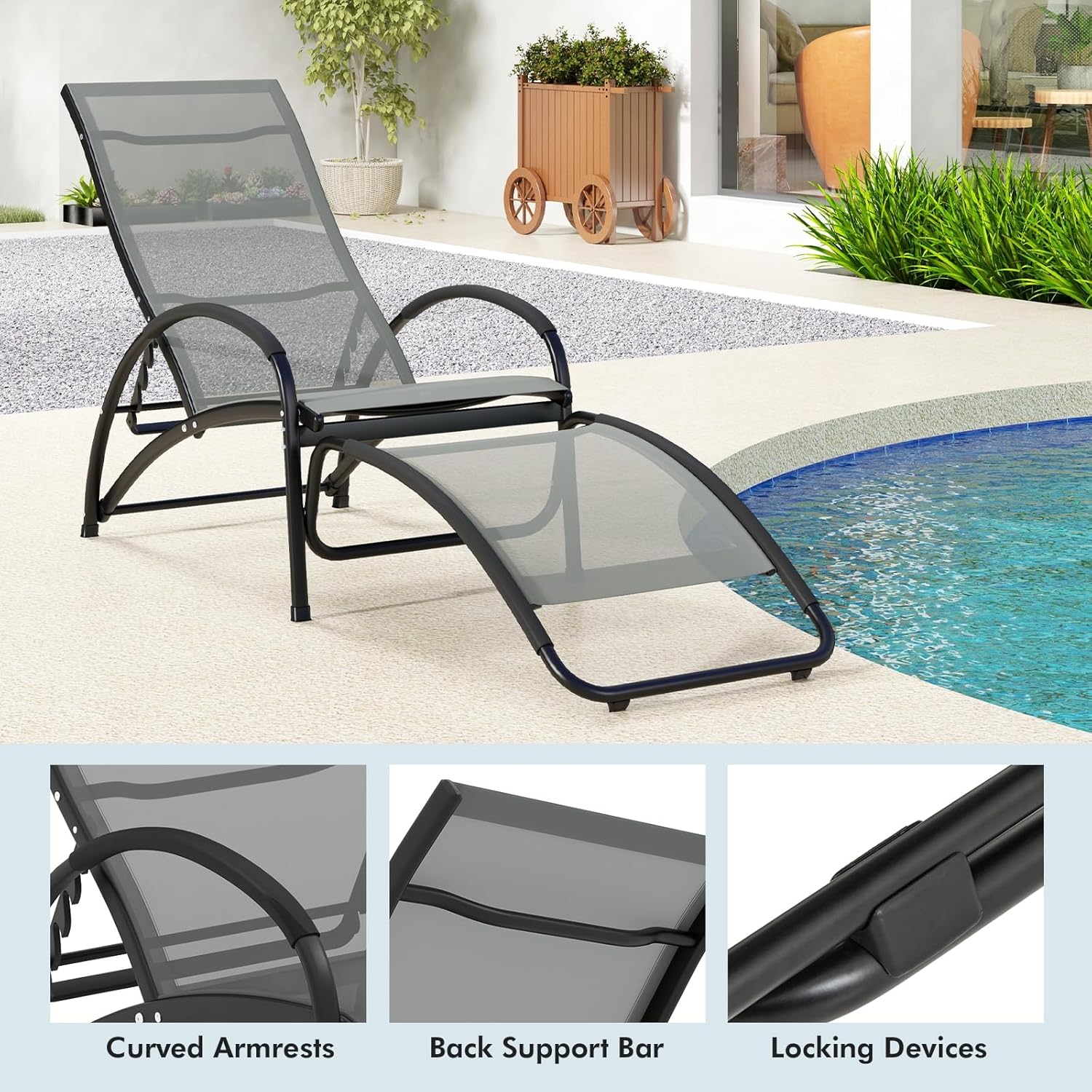 2 in 1 Garden Sun Lounger Rocking Chair Adjustable Grey