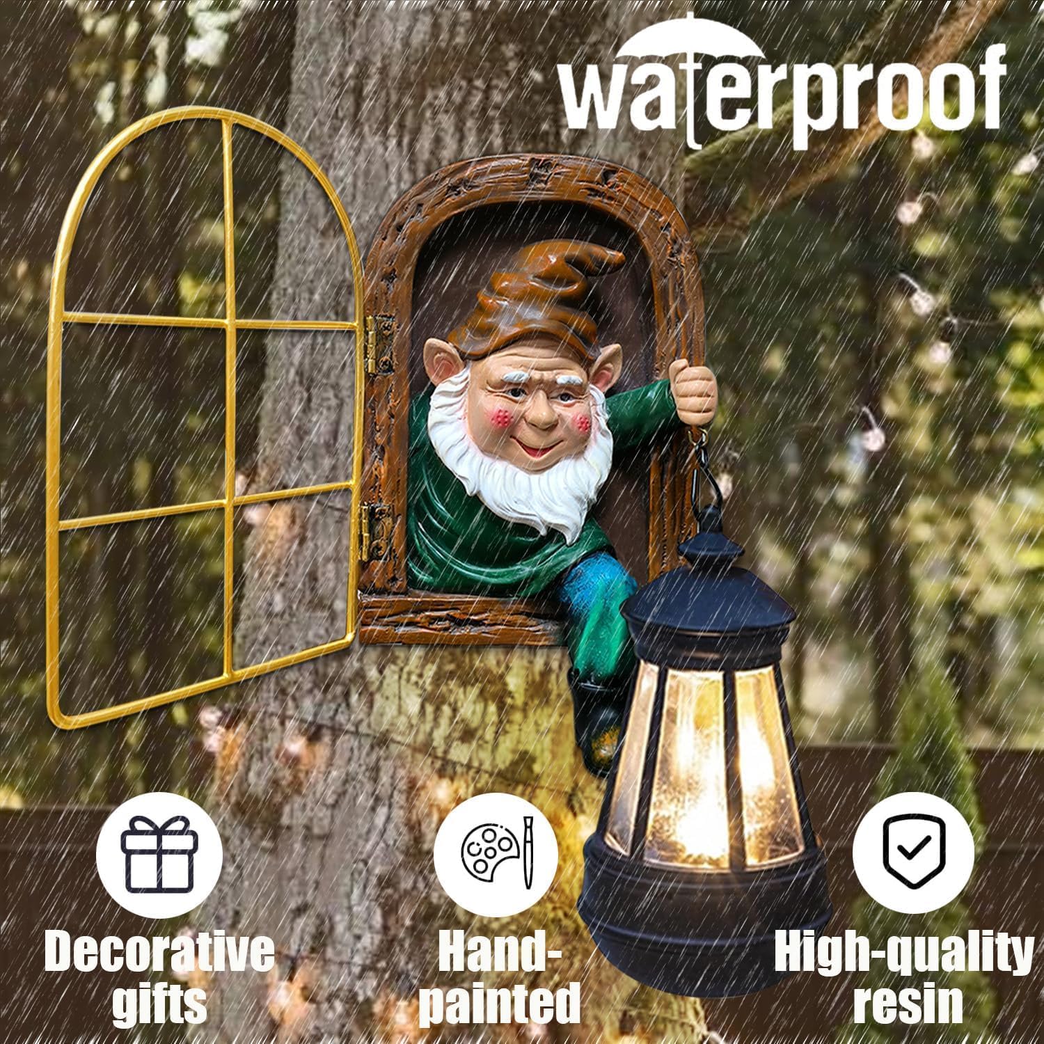 Solar Tree Hugger Gnome Lantern Resin Outdoor Garden Decor