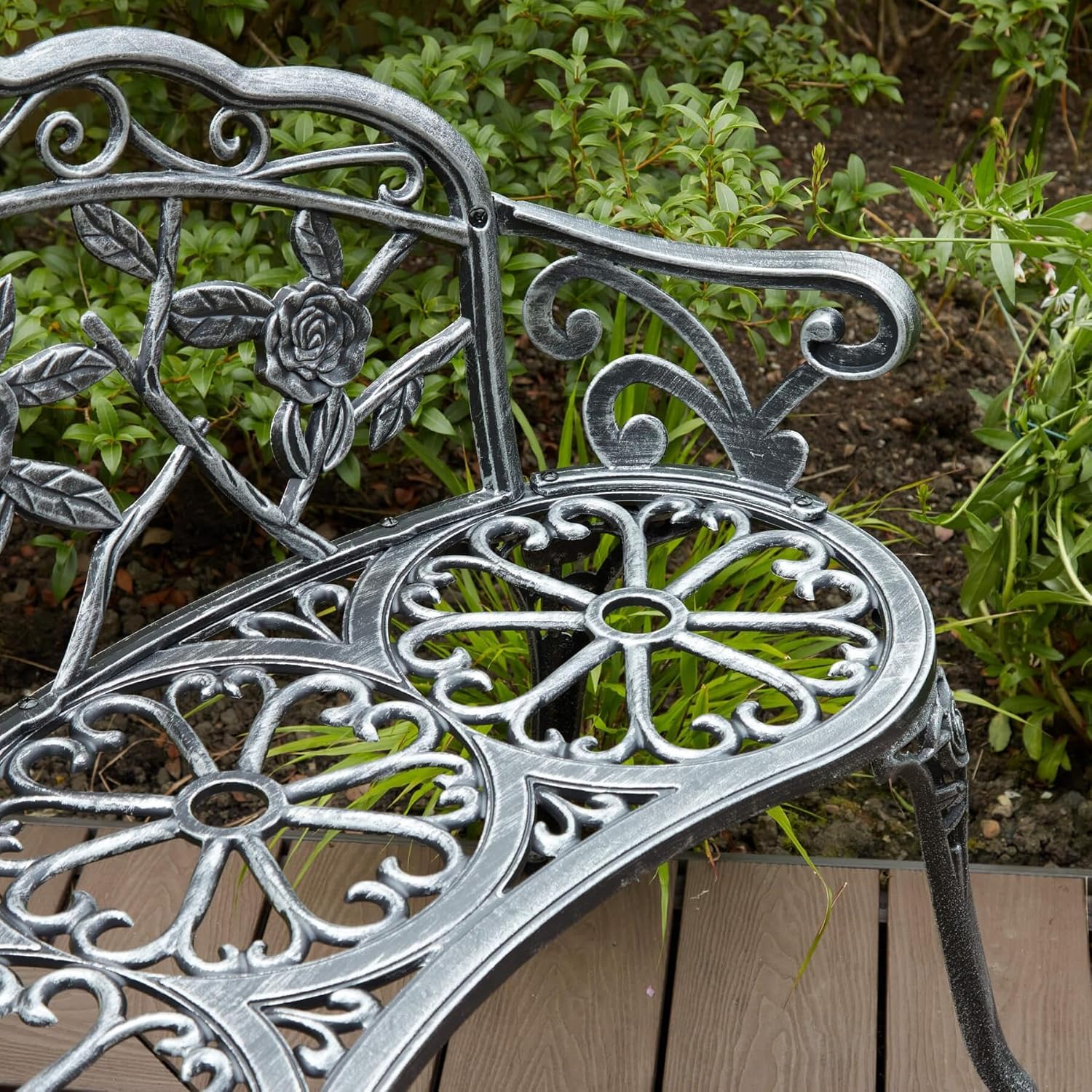 2 Seater Cast Iron Garden Bench Rose Back Patio Seat Grey