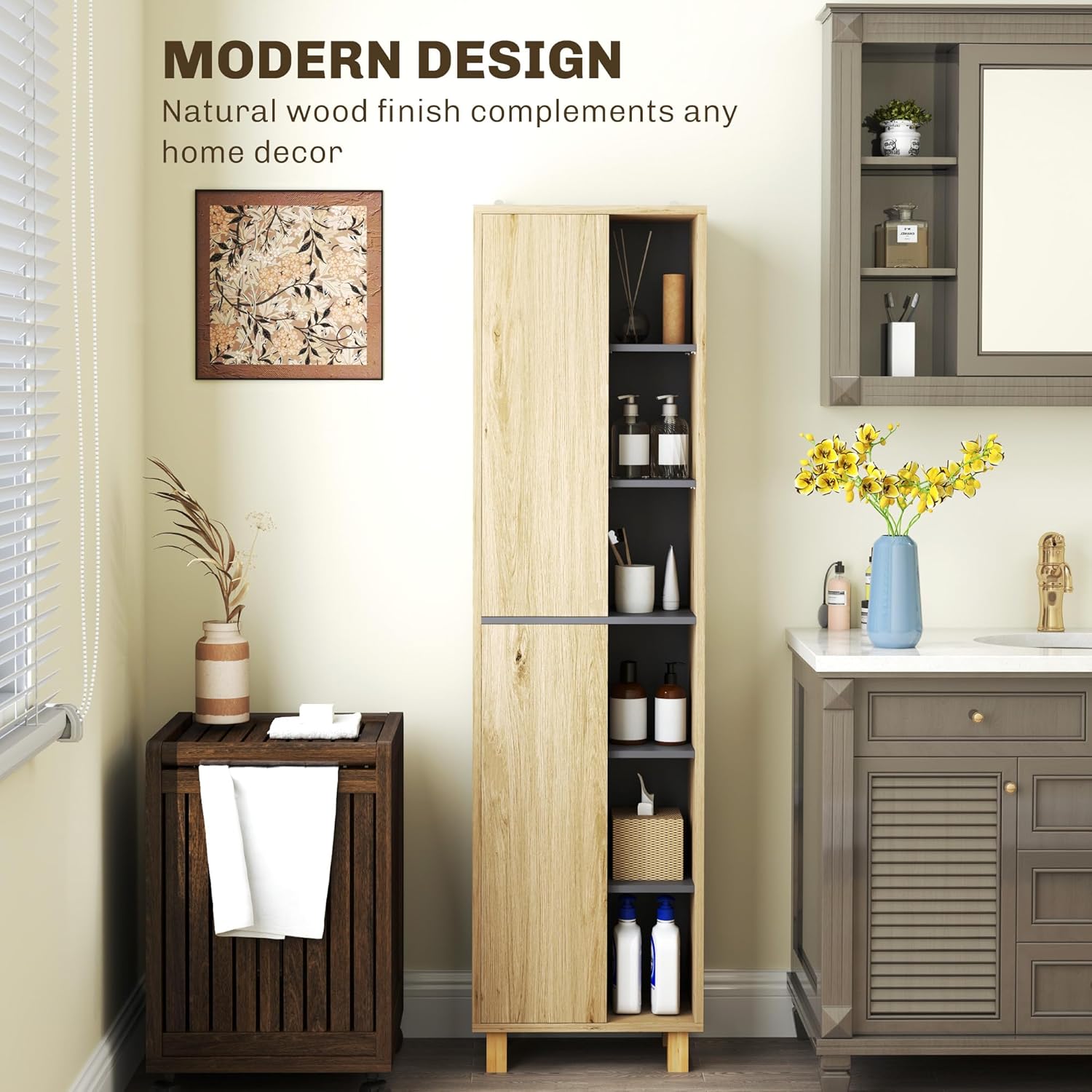 Tall Bathroom Storage Cabinet Natural Wood 6 Shelves Unit