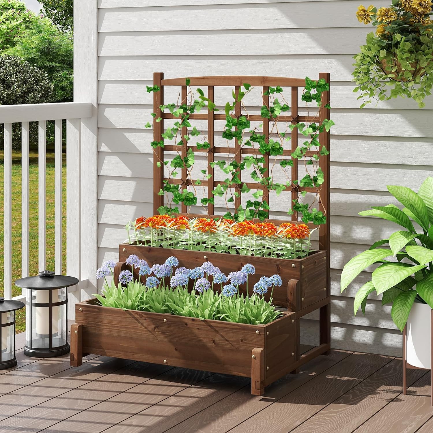 2 Tier Raised Garden Bed with Trellis Wooden Planter 121cm