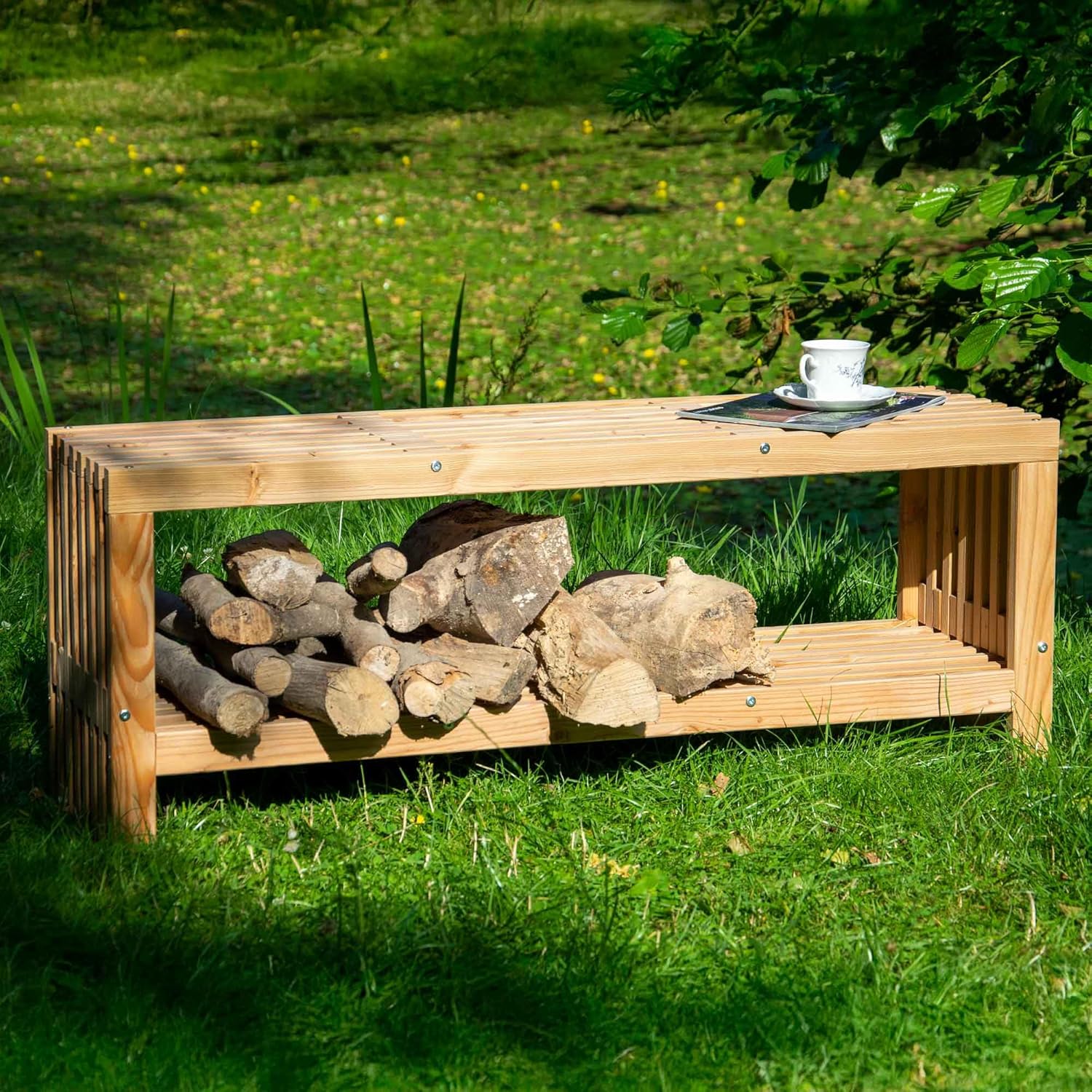Wooden Garden Bench with Firewood Storage Douglas Fir Seat