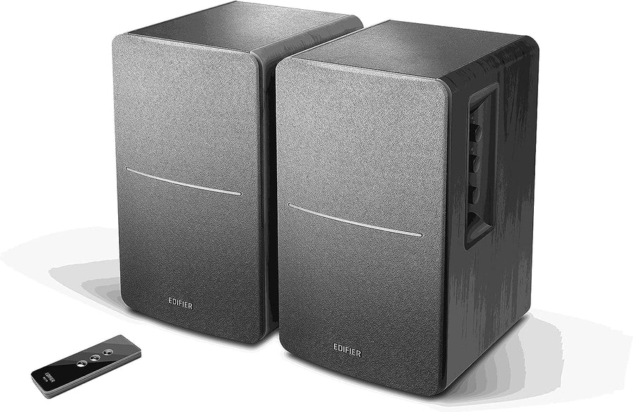 Active Bookshelf Speakers 42W Stereo Dual RCA Remote Wood Cabinet