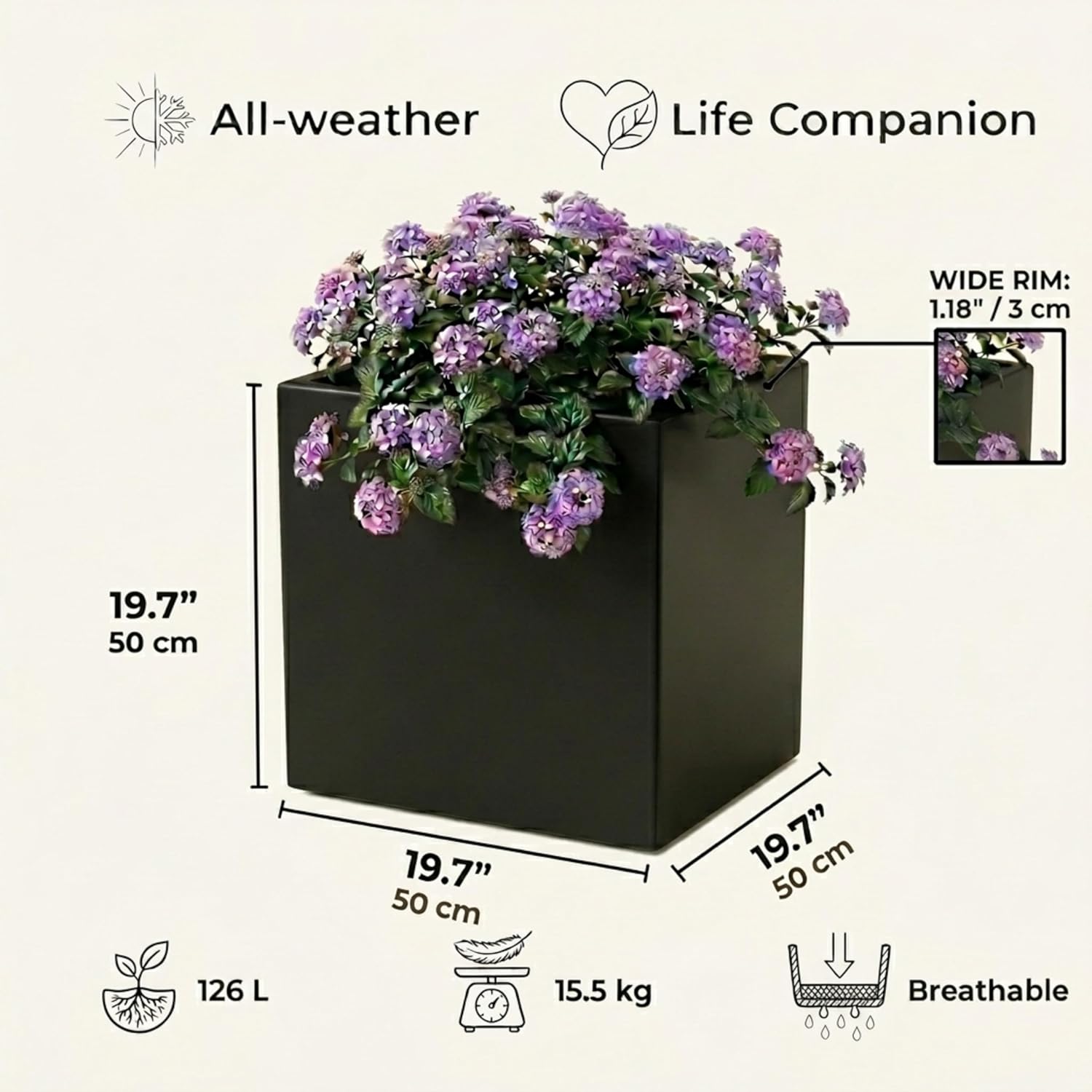50cm Large Square Planter Black Stone Effect Tree Pot Drainage