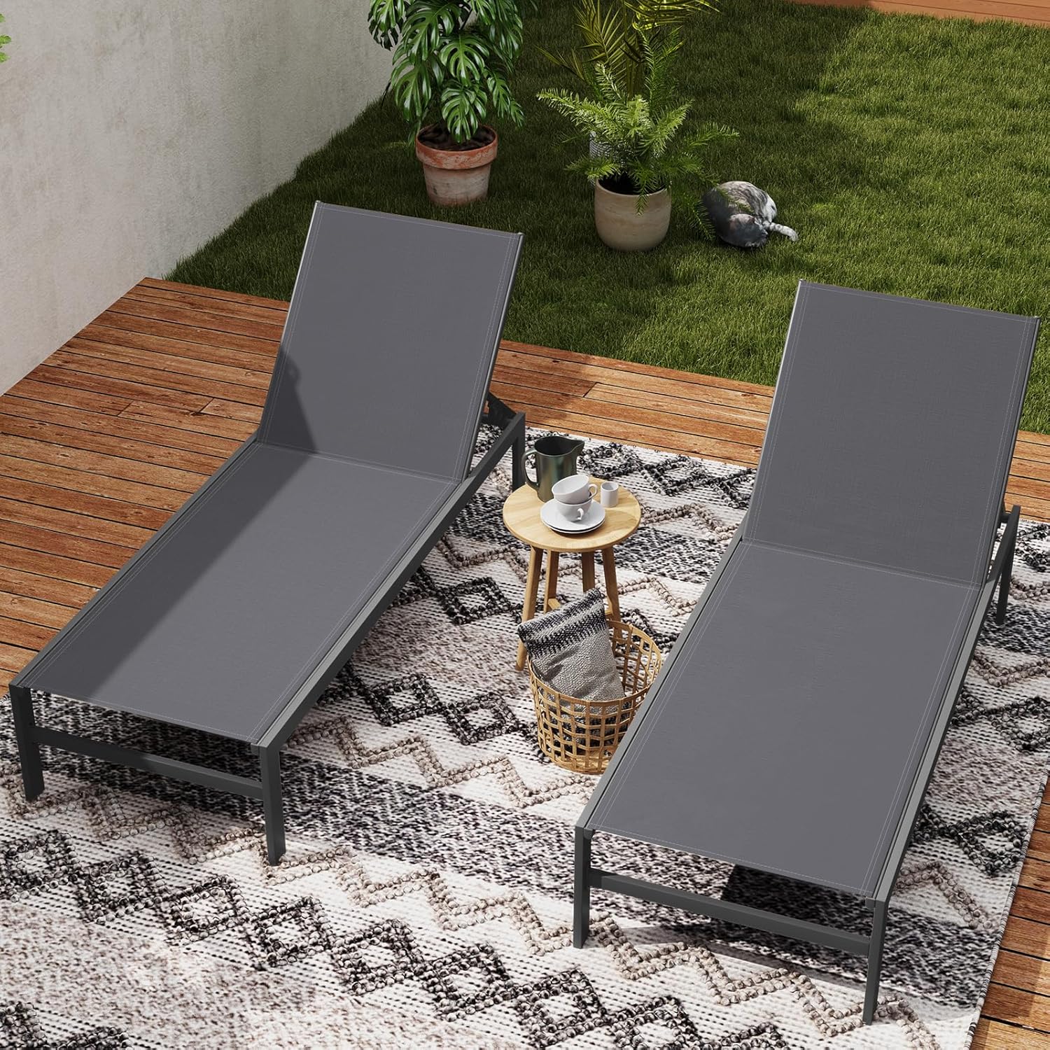 Garden Sun Lounger Adjustable Patio Chaise Recliner Grey Aluminum