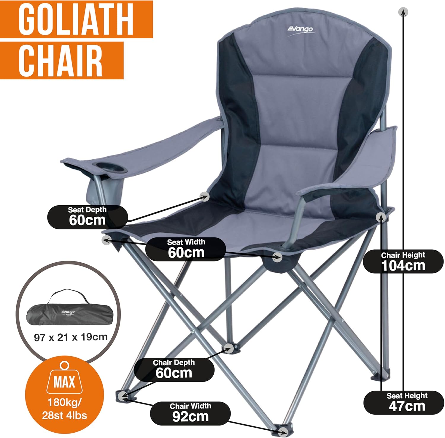 XL Padded Camping Chair 180kg Extra Wide Folding