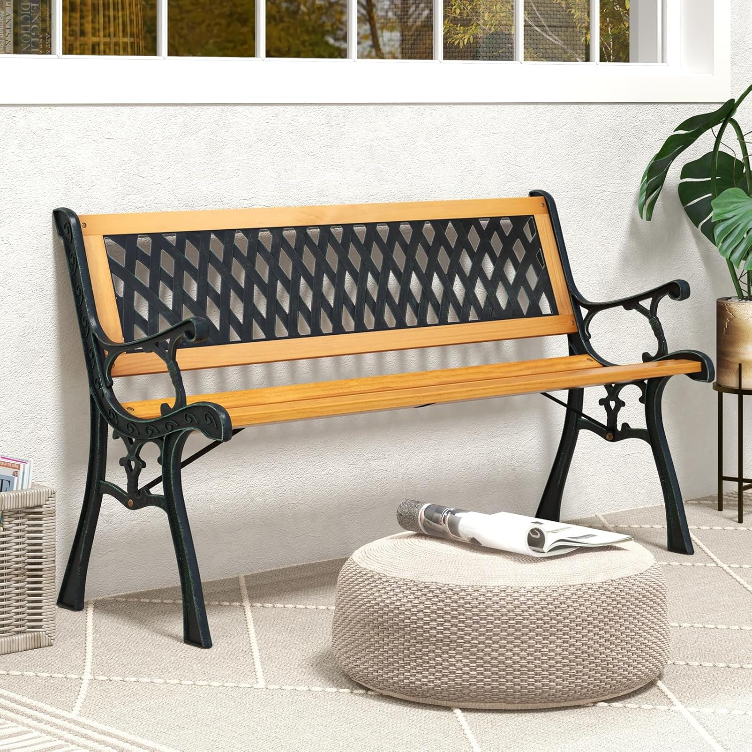 3 Seater Wooden Garden Bench Metal Frame Patio Park Seat