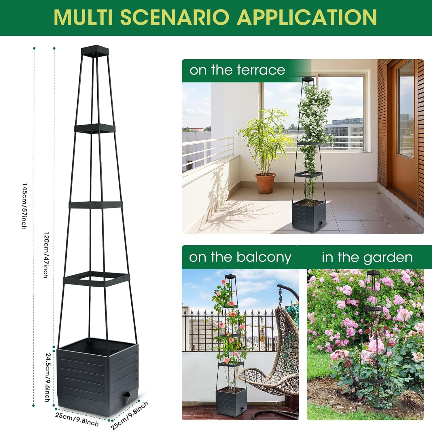 2 Pack Raised Garden Bed Planter with Trellis Self Watering Black