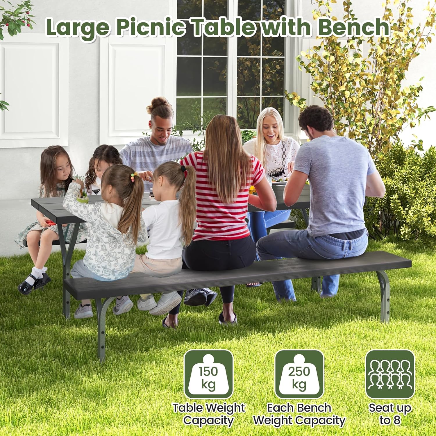 8 Seater Outdoor Picnic Table Bench Set w/Umbrella Hole Patio