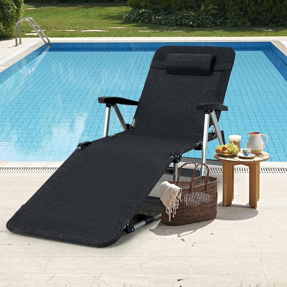 Folding Sun Lounger 7 Position Reclining Chair Cup Holder Black