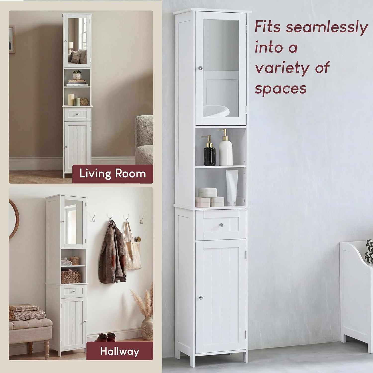 Tall Mirrored Bathroom Cabinet Drawer Shelf White Tallboy 190cm
