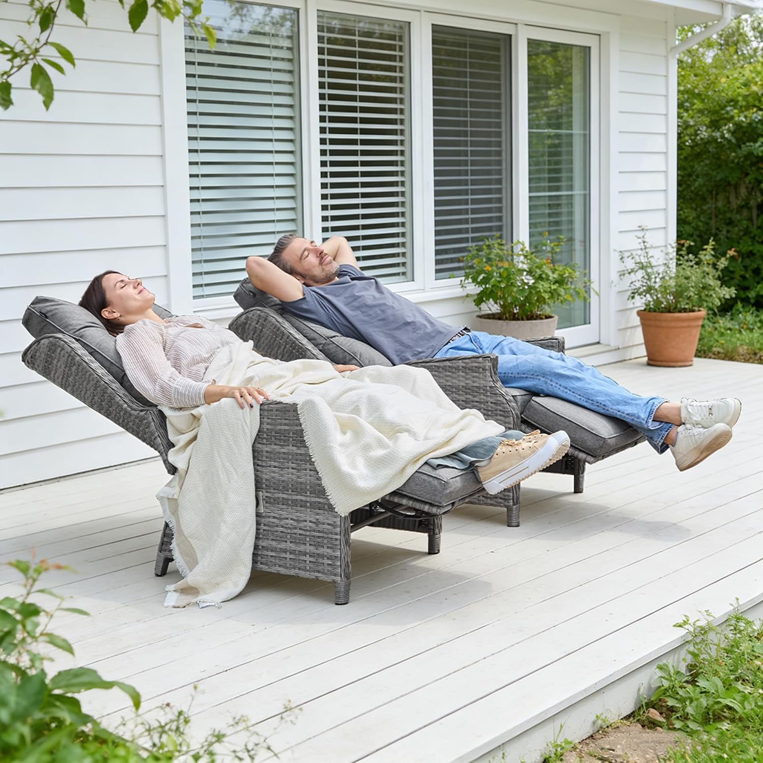 Rattan Reclining Sun Lounger Chair with Cushion Table Grey