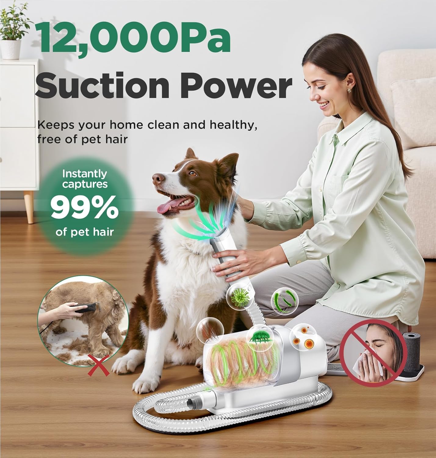Dog Grooming Vacuum 12000Pa 5 in 1 2.3L Quiet Clipper
