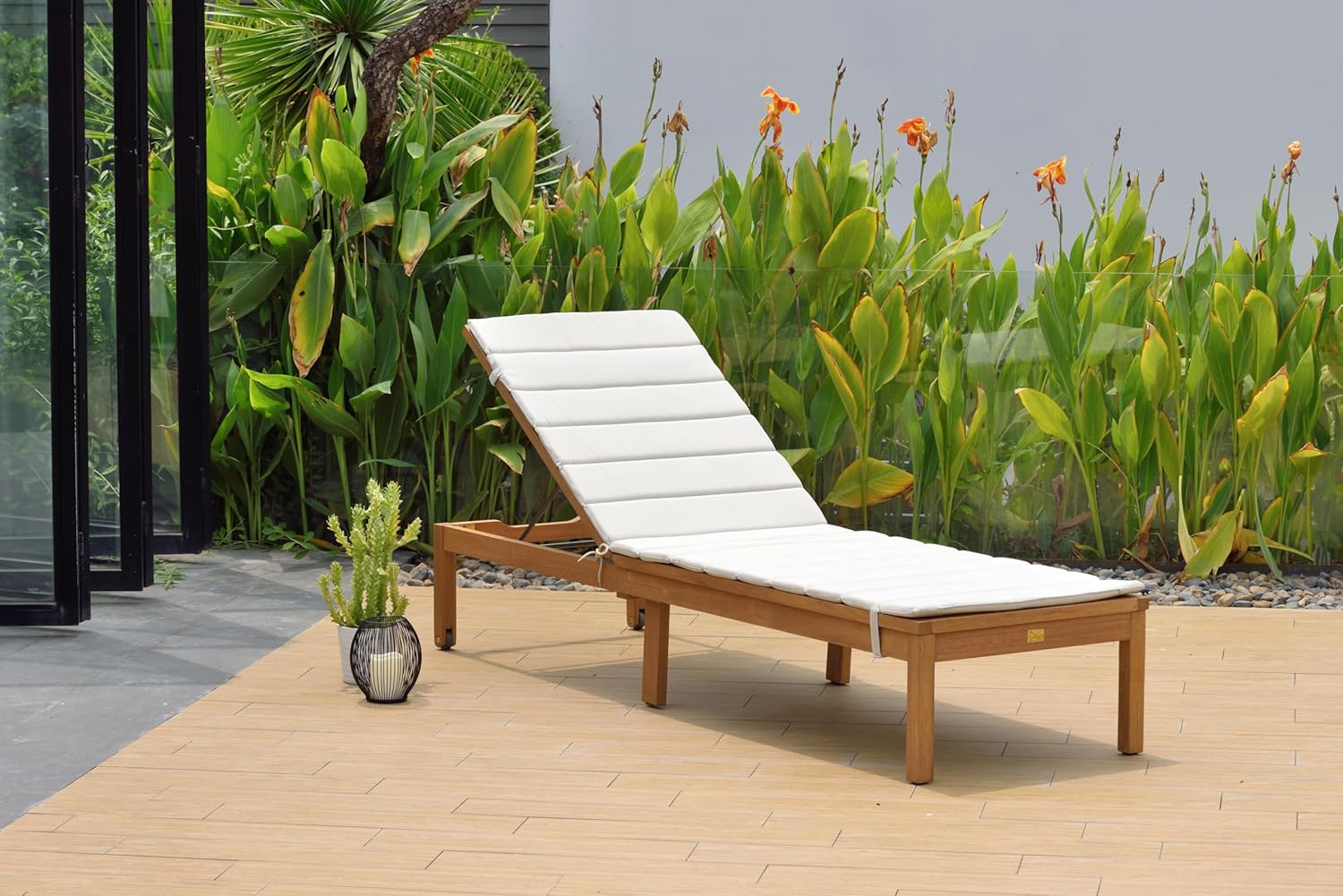 Wooden Patio Chaise Lounger with Grey Cushion Teak Finish