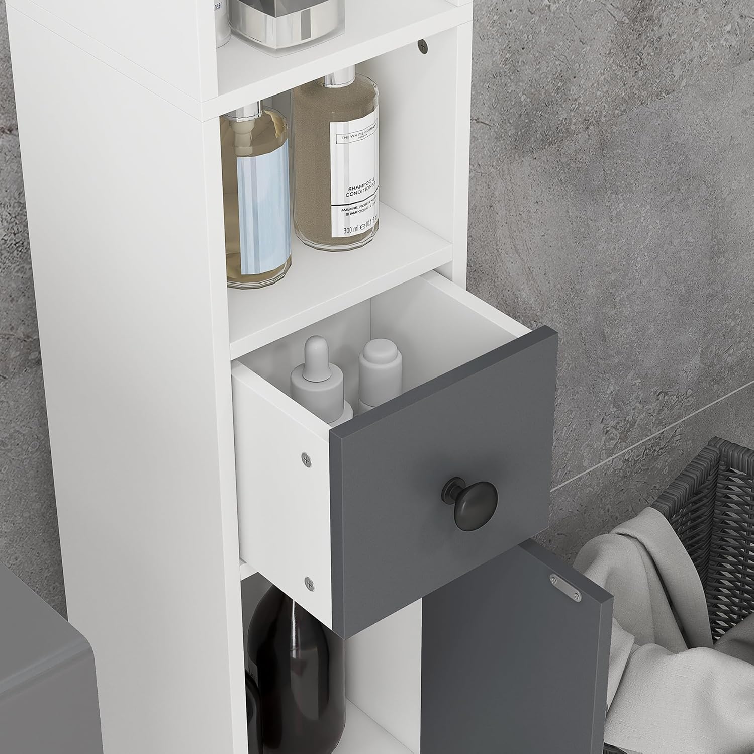 180cm Slim Bathroom Storage Cabinet 4 Shelves 2 Doors White Grey