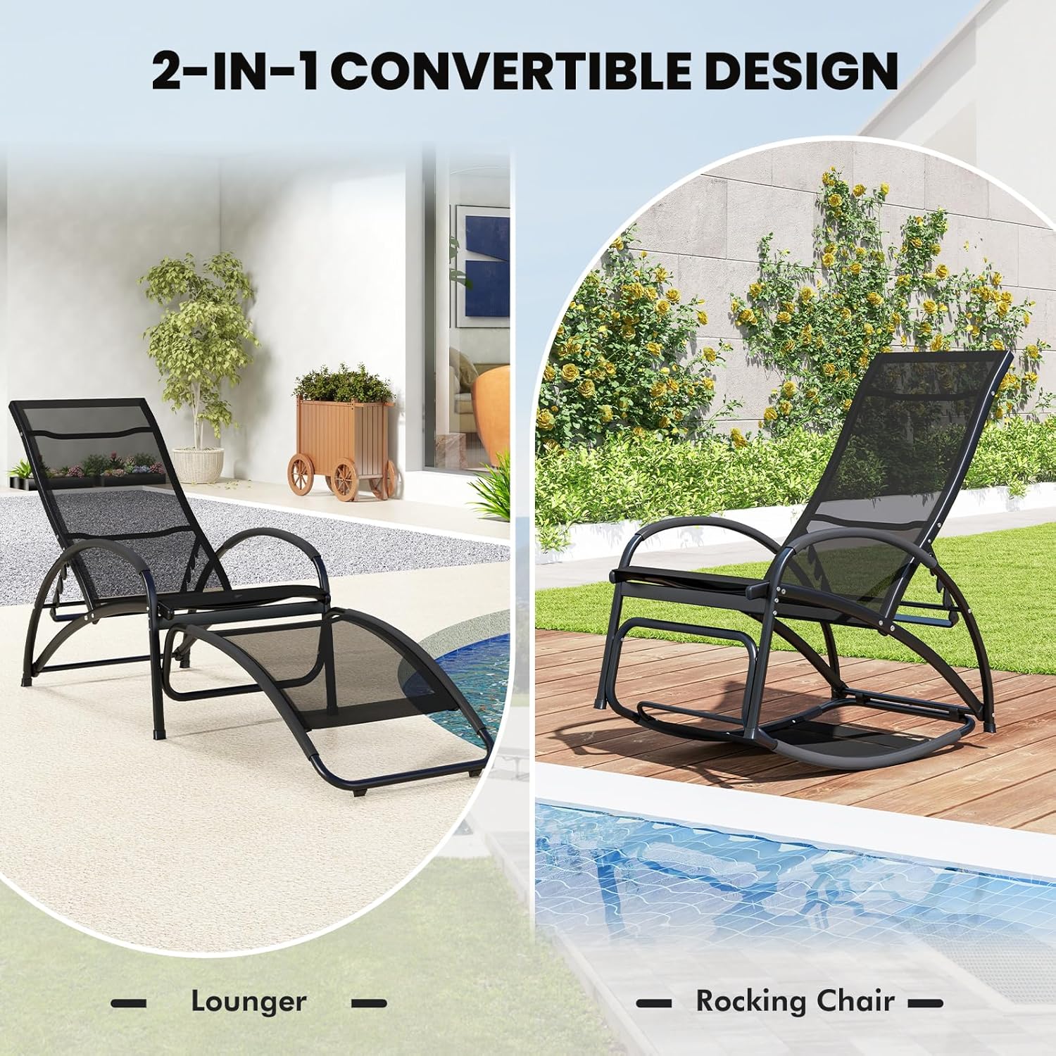 2 in 1 Garden Sun Lounger Rocking Chair Adjustable Black