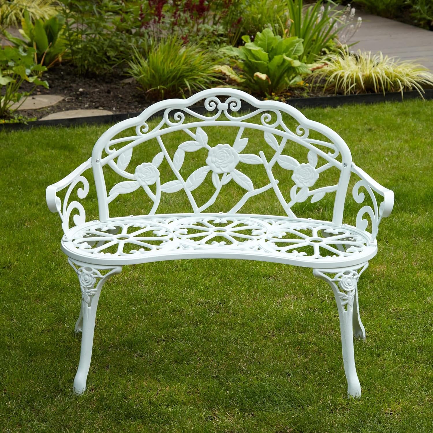 2 Seater Cast Iron Garden Bench Rose Design Patio Seat White