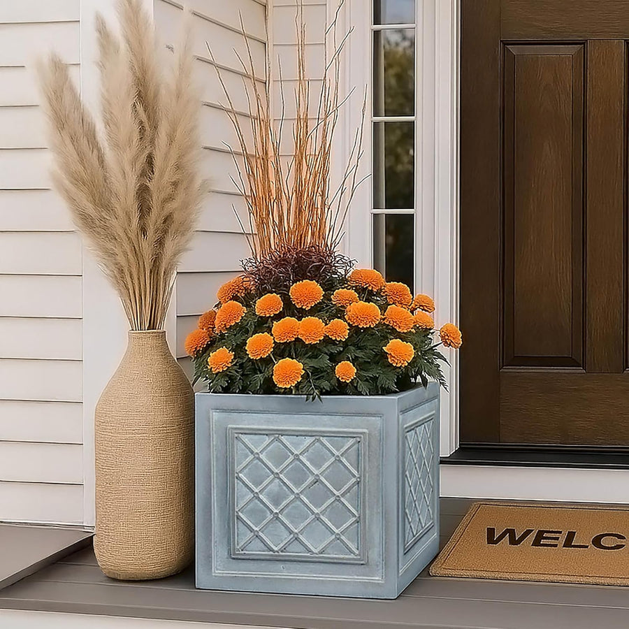 37cm Square Planter Grey Lattice Stone Effect Garden Pot
