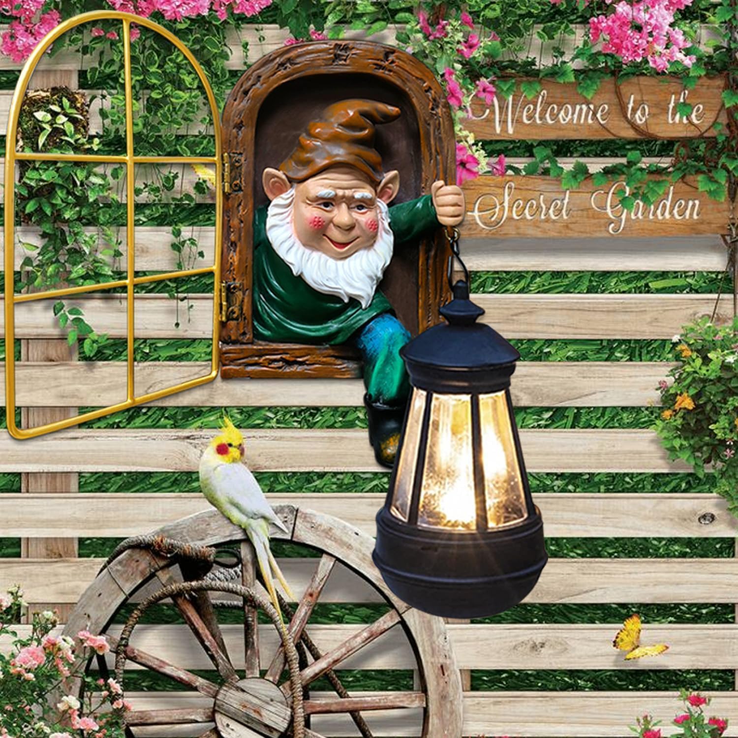 Solar Tree Hugger Gnome Lantern Resin Outdoor Garden Decor