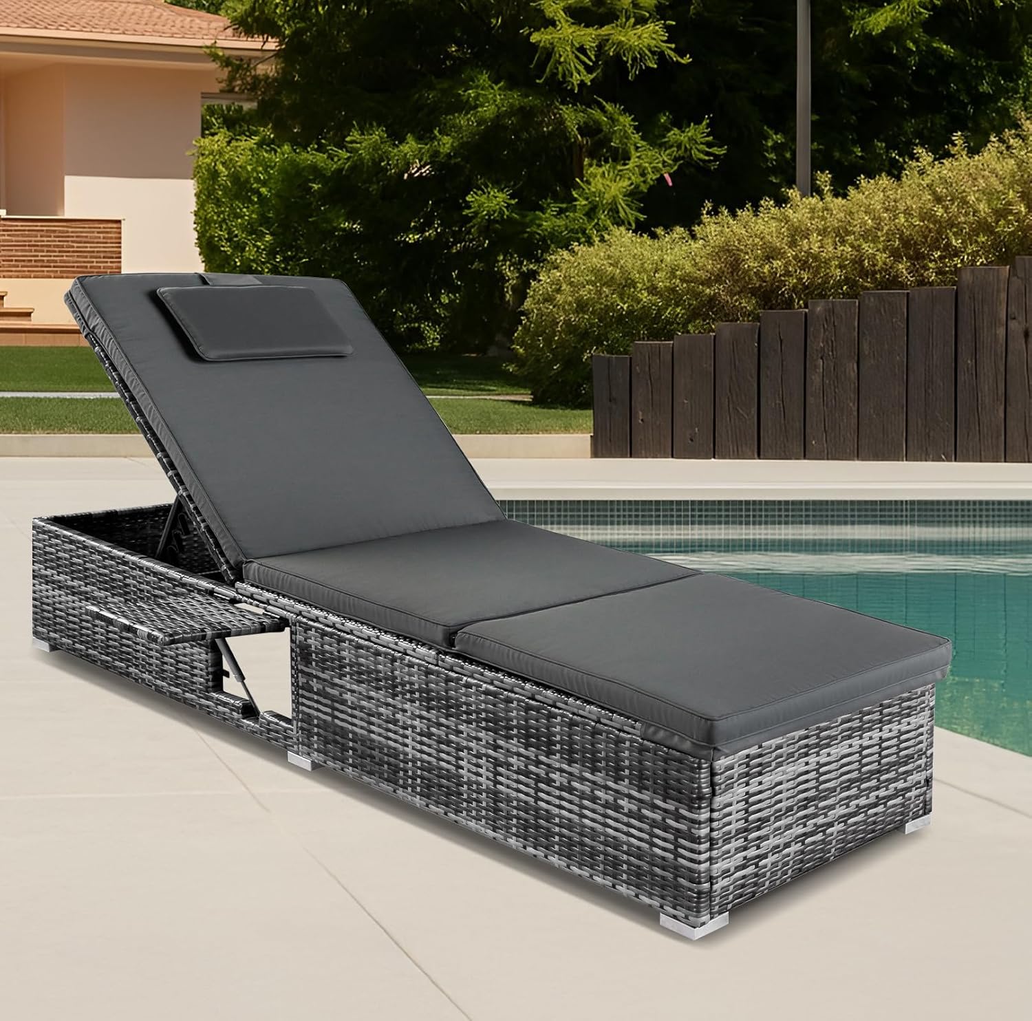 Rattan Sun Lounger Recliner with Cushions Table Patio Chair