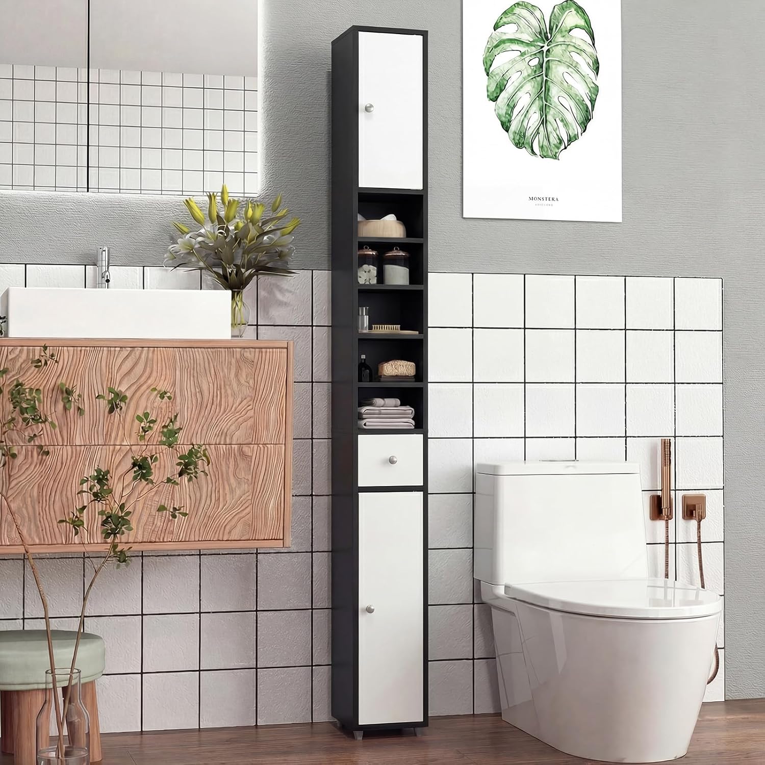 Tall Slim Bathroom Storage Cabinet Drawer Shelves Black White