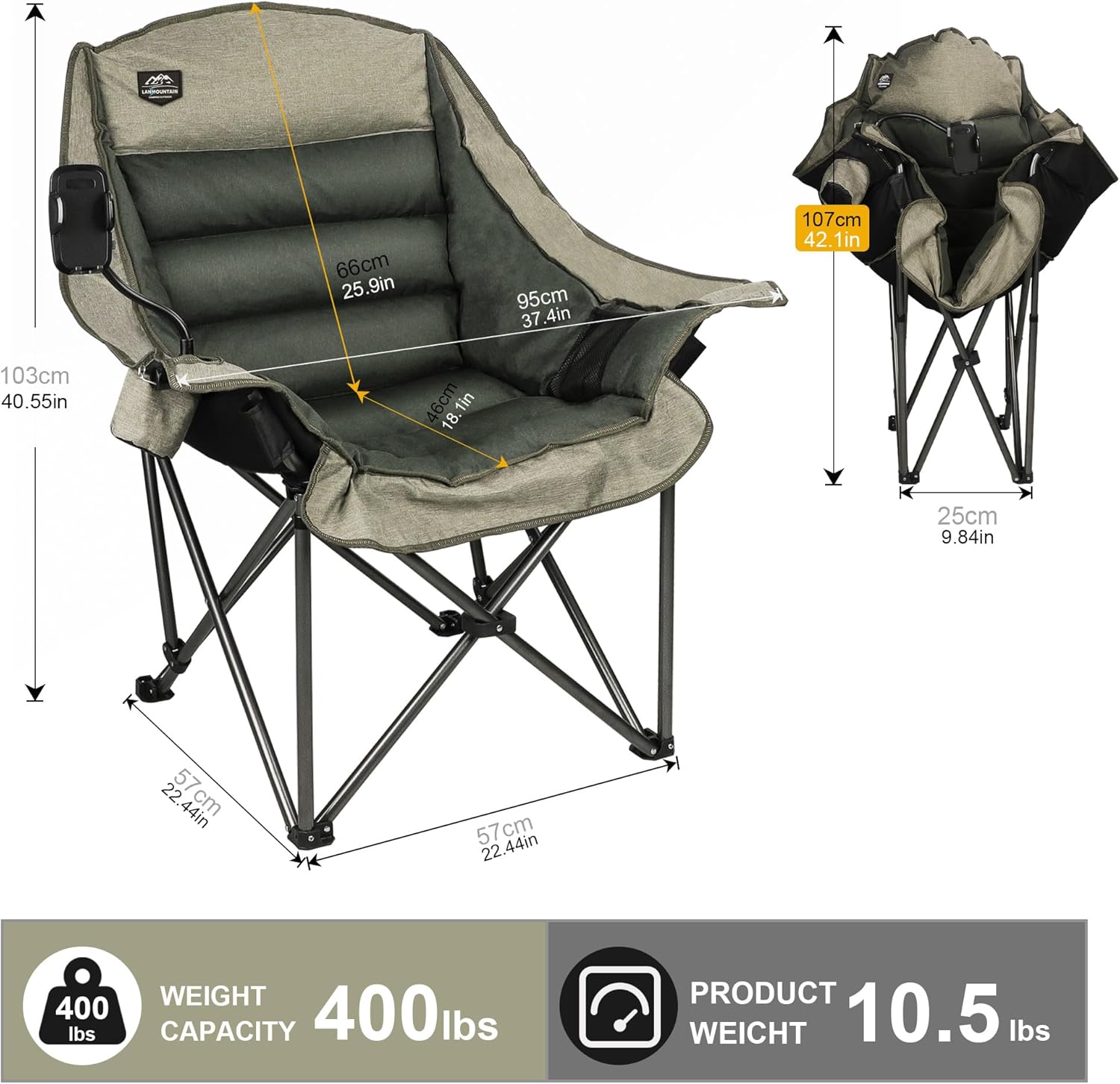 Oversized XL Camping Chair Foldable 400lbs Brown