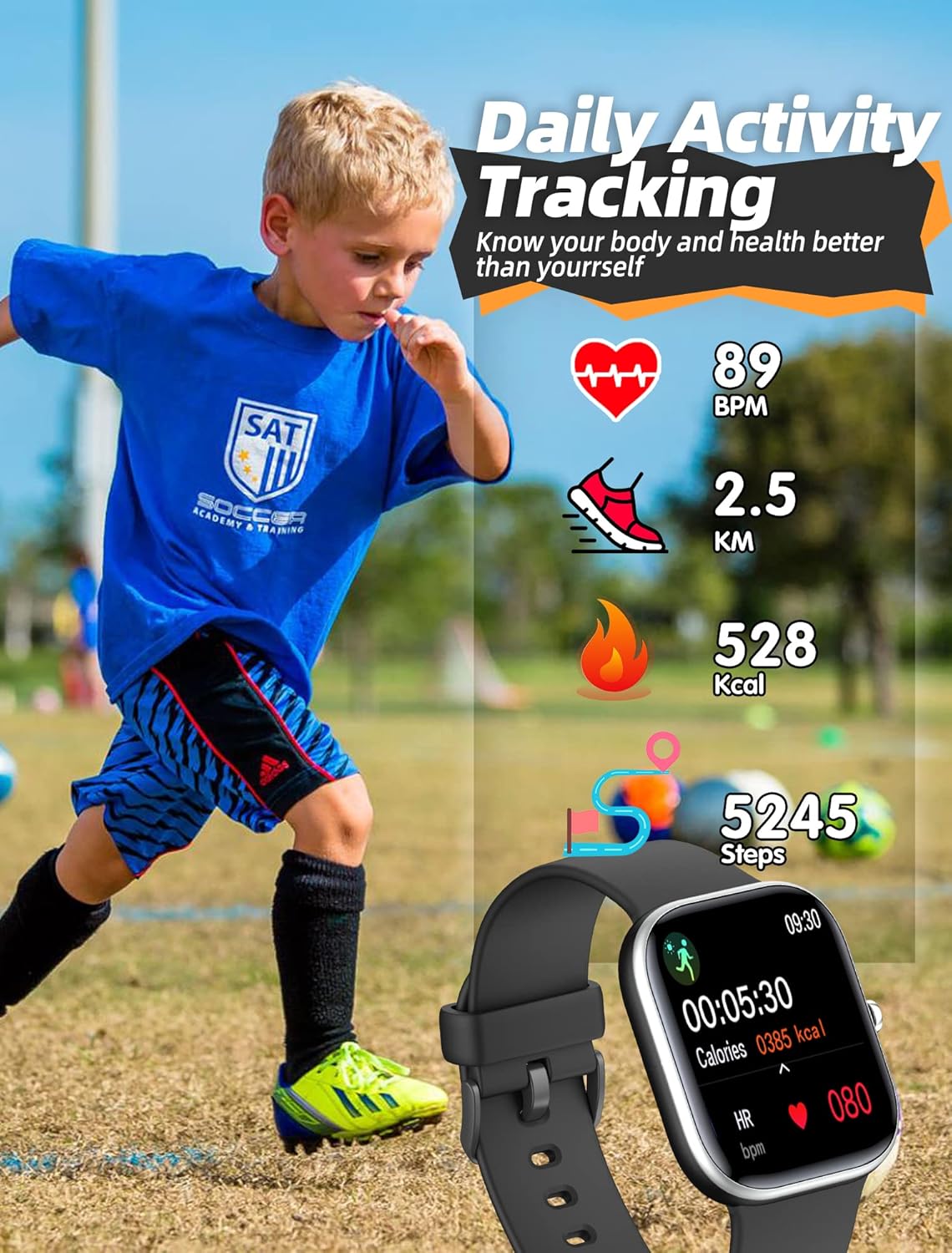 Kids Smart Watch Fitness Tracker Waterproof Black