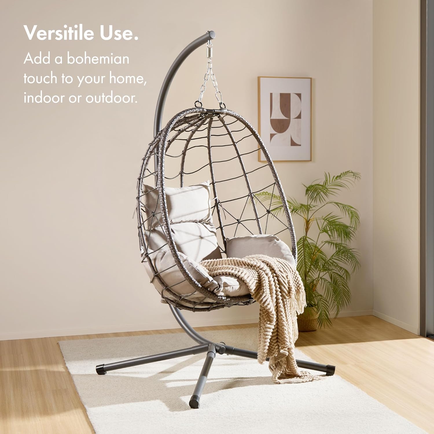 Hanging Egg Chair Grey Rattan Swing Stand Foldable Cushion