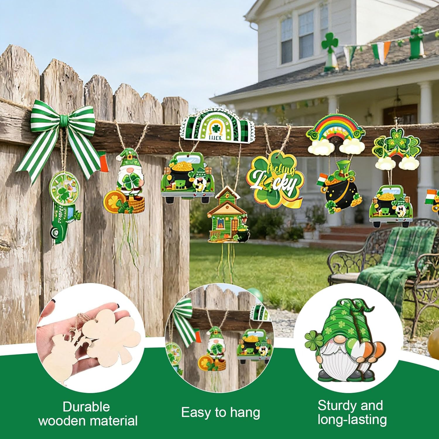 St Patricks Day Gnome Hanging Ornaments 36pcs Wooden Decor Set