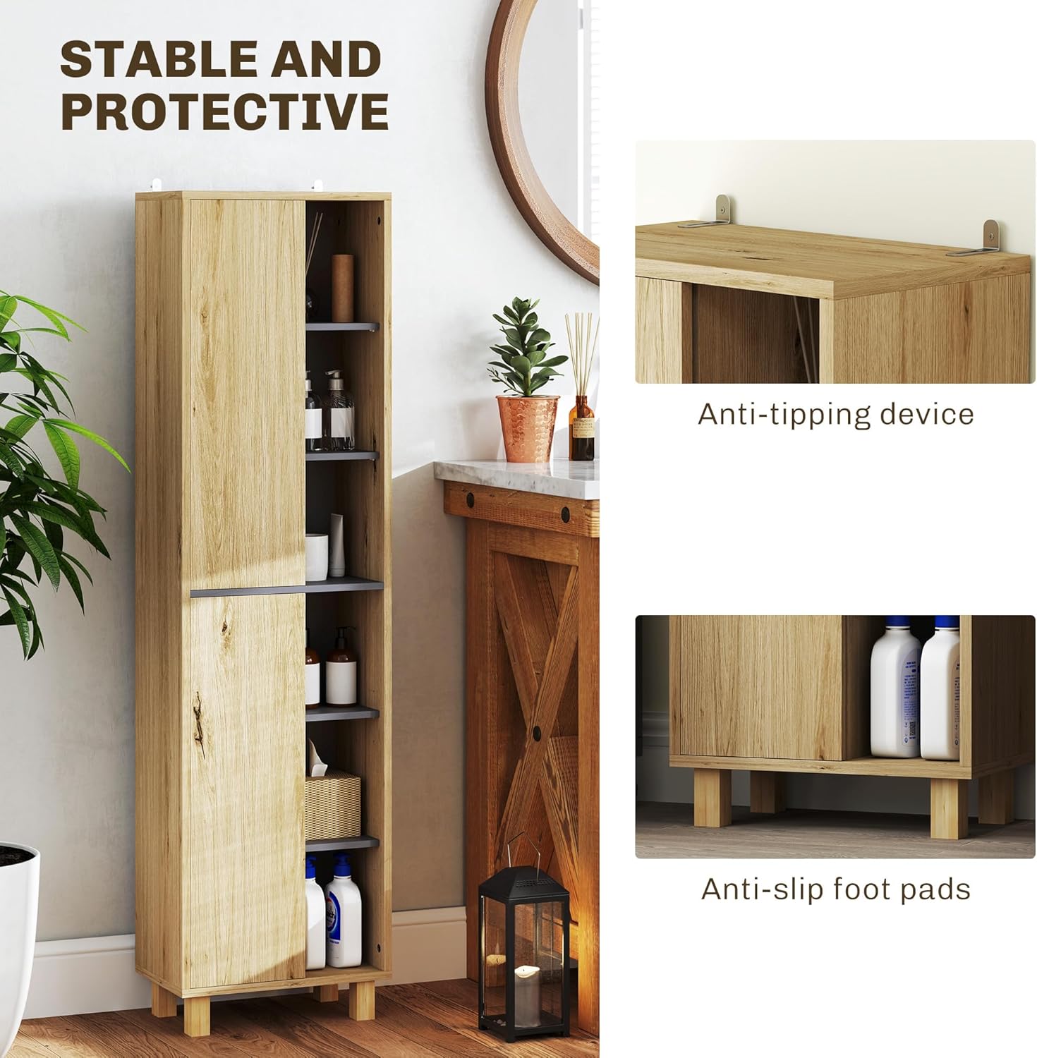 Tall Bathroom Storage Cabinet Natural Wood 6 Shelves Unit