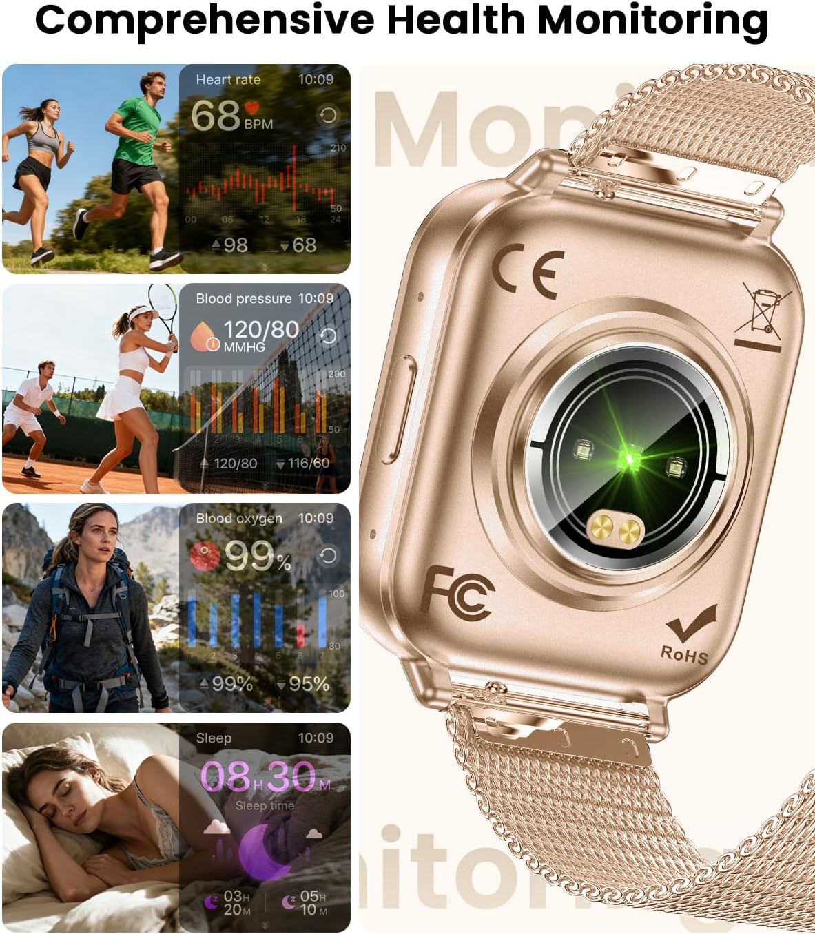 Rose Gold Smart Watch 1000mAh Battery Bluetooth Call Tracker