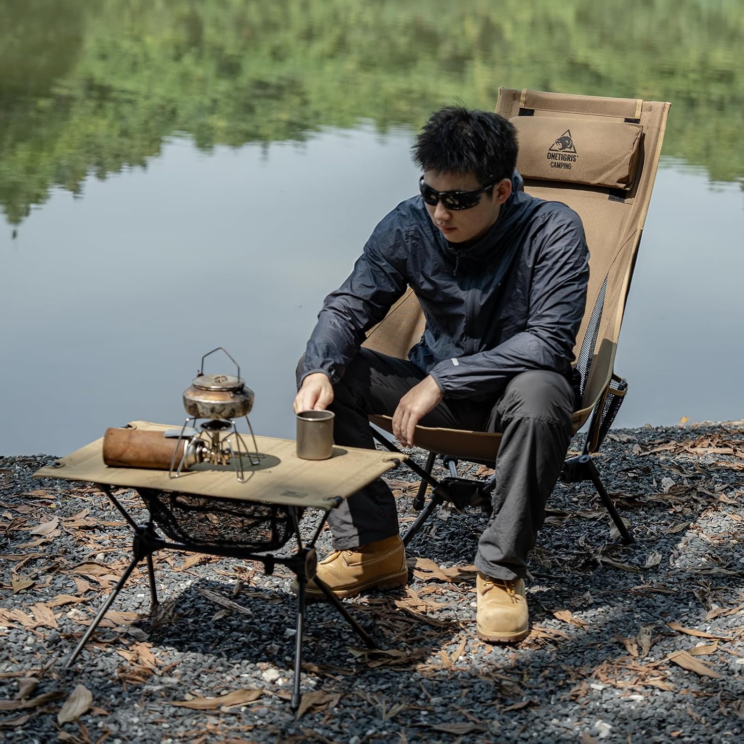 High Back Camping Chair with Pillow 150kg Brown