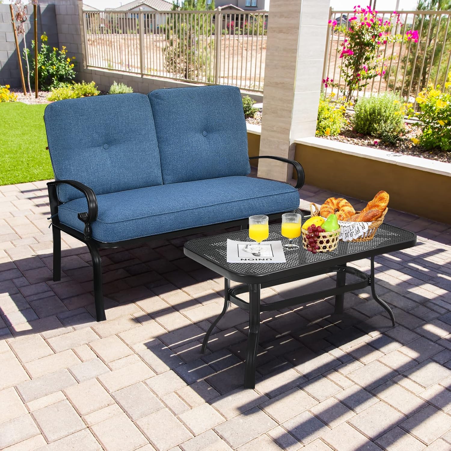 2 Seater Garden Loveseat with Coffee Table Cushions Set